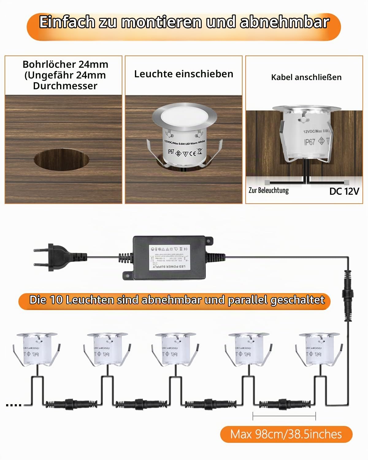HIBOITEC 10er Set LED Einbaustrahler, Terrassen Einbaustrahler LED Aussen