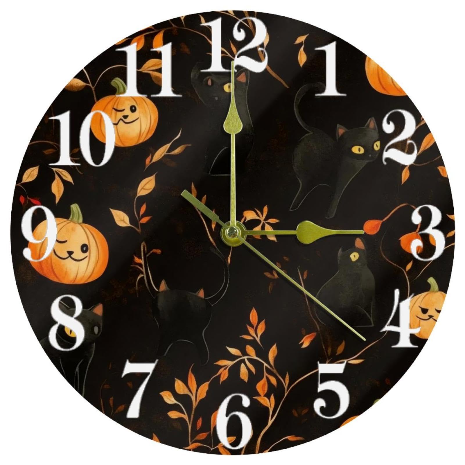 Horloge murale ronde à quartz silencieuse avec motif chats et citrouille