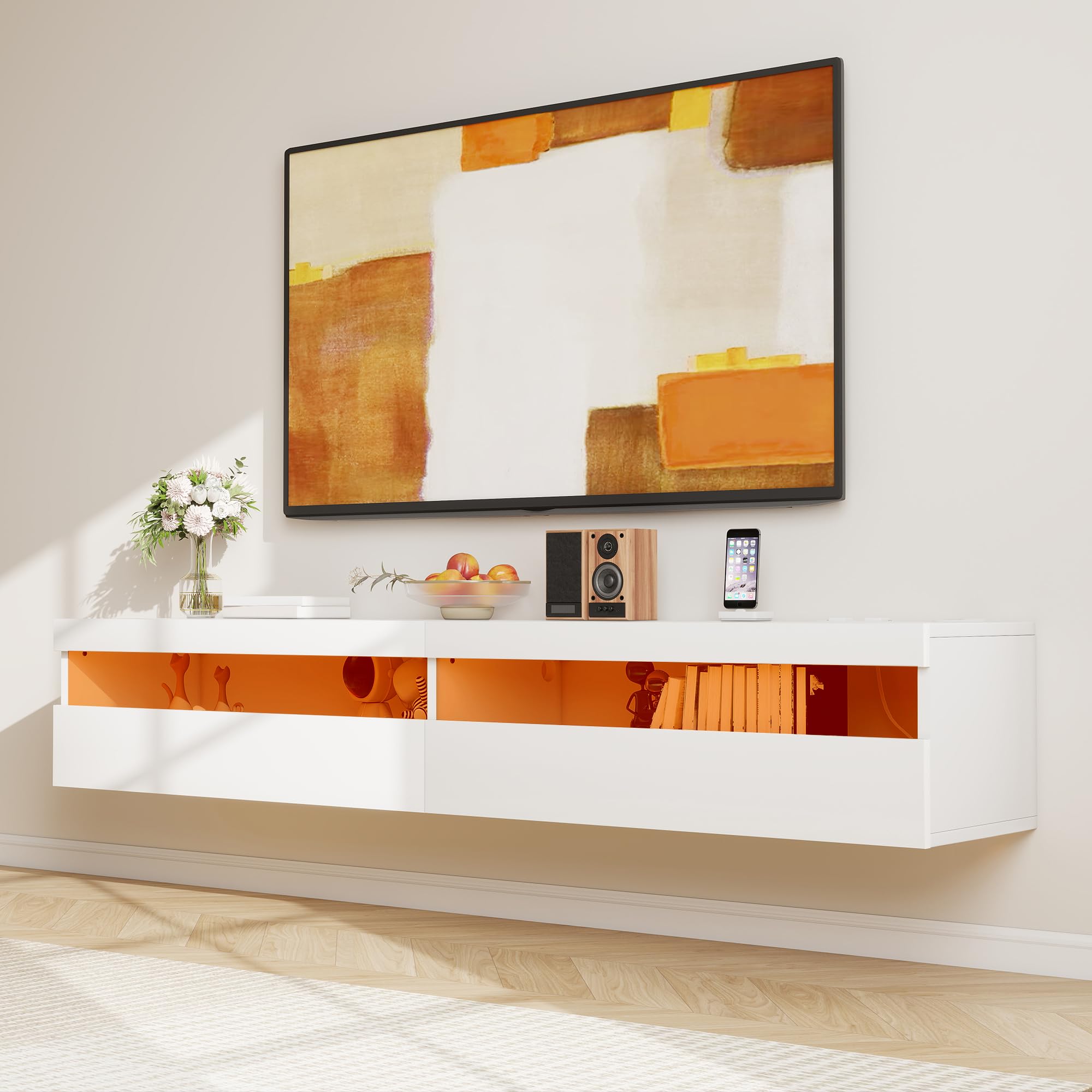 Winlice 180cm Floating TV Stand with LED Lights & Power Socket, High Gloss Modern Media Unit with Storage 71", Wall Mounted TV Cabinet for 65/75/80 inch TVs,White