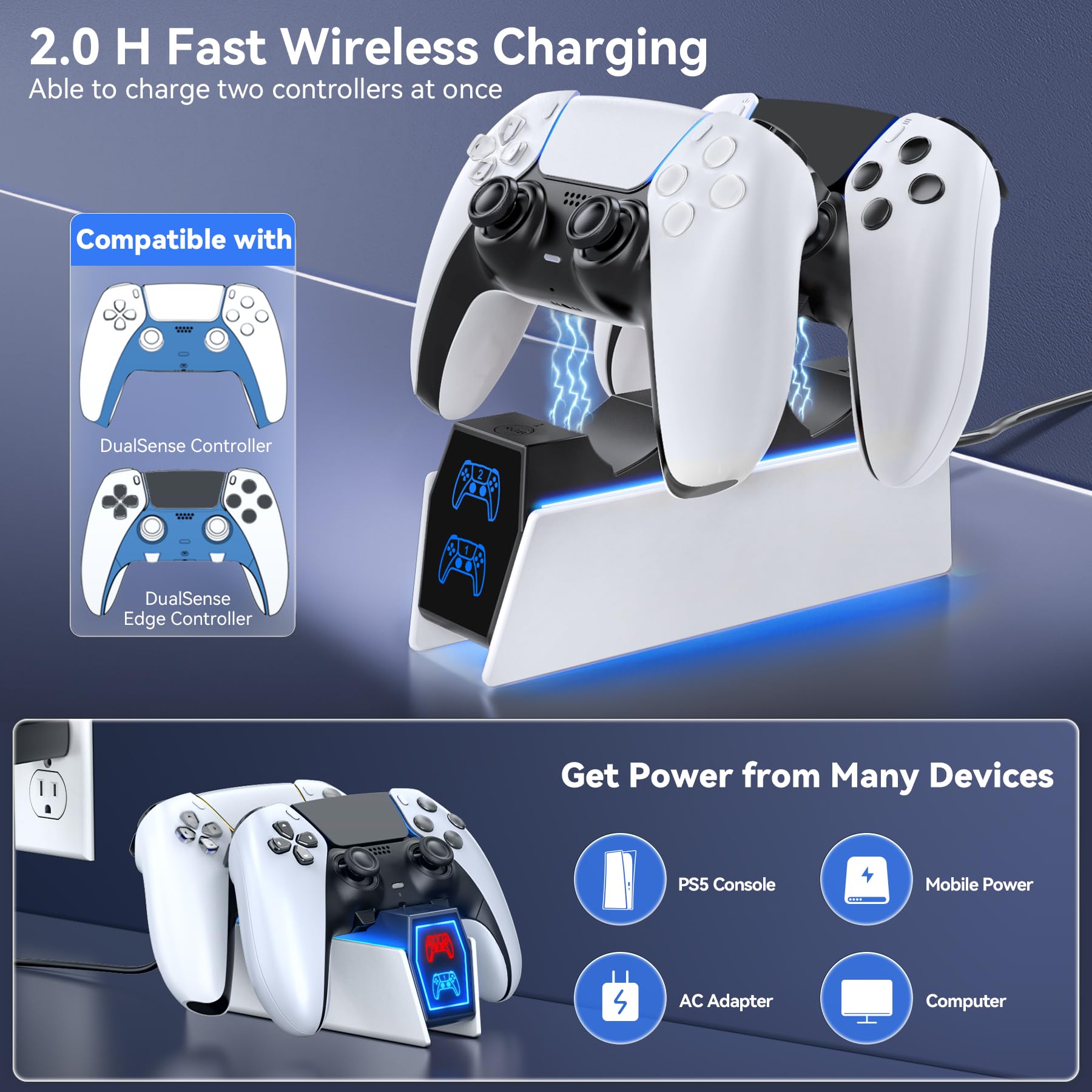 Station de Recharge PS5, Chargeur Manette PS5 pour DualSense PS5&Edge, Dock Manette PS5 avec Indicateur LED et Adapteur, Accessoire PS5 pour Scole PS5