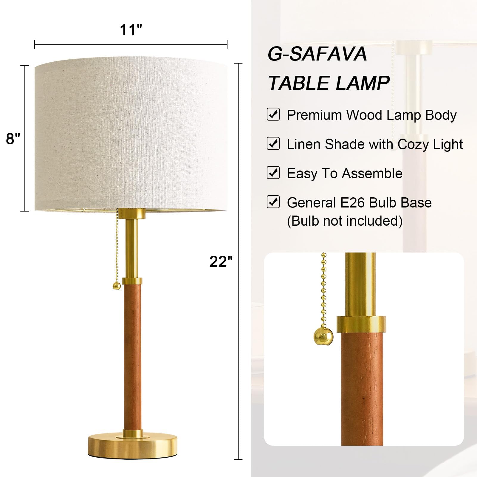 Lámparas de mesa de madera de 22 pulgadas, lámpara moderna de mediados de siglo para dormitorio, sala de estar, lámparas de mesita de noche para mesitas de noche, lámpara de mesita de noche con cadena