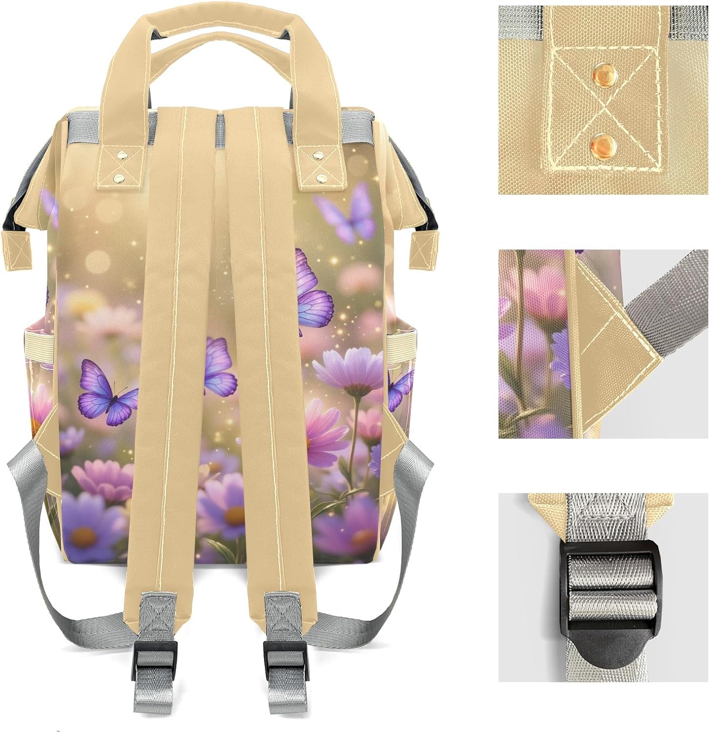 Custom Name Diaper Backpack Butterfly Floral Pattern Daypack Waterproof Nursing Baby Bag with Insulated Pocket for New Mom Dad
