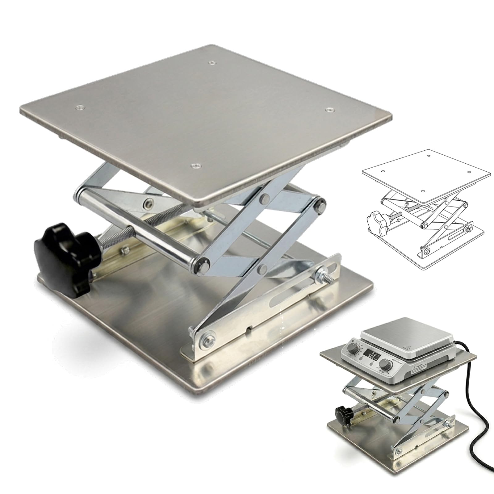 Mesa Elevadora 300x300 mm, Plataforma de Elevación de Acero Inoxidable Gato de Laboratorio Carga 25kg Altura 90-460mm Ajustable para Microscopio y Grabado Láser, Pies de Goma