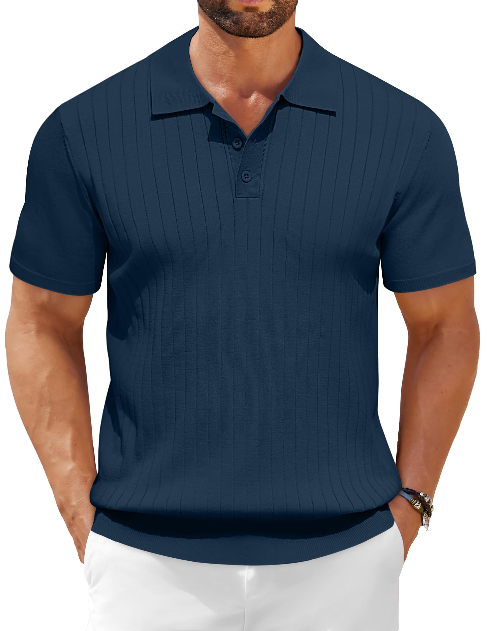COOFANDYMen's Knit Polo Shirts Short Sleeve Ribbed Knitted Shirt Summer Lightweight Casual Golf Shirts
