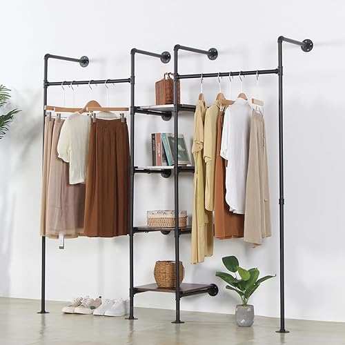 Miniatura 8 de Perchero industrial de montaje en pared para colgar ropa, perchero independiente con 2 barras para colgar y 4 estantes, 72.8 pulgadas de ancho x