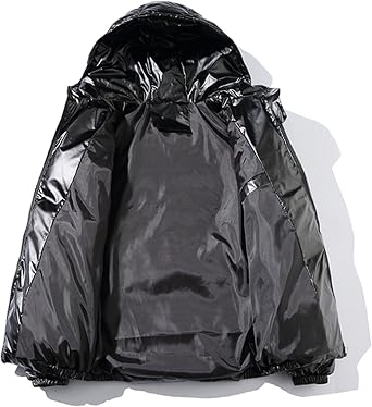 Men's Solid Color Metallic Jackets with Hood Full Zip Down Alternative Padded Coat Winter Quilted Puffer Jacket (Black,Large)