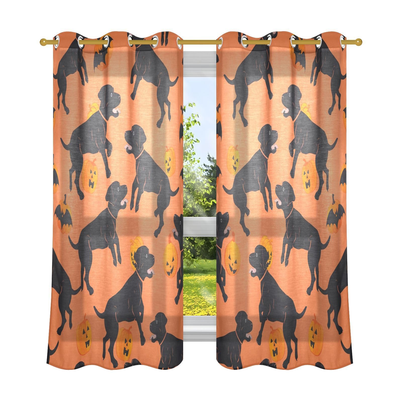 Cortinas opacas decorativas para dormitorio, diseño de perro labrador bailando, naranja, negro, calabaza, 160 cm, juego de 2 paneles de 2 paneles