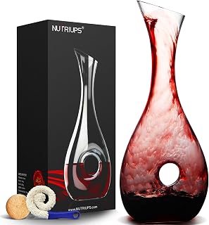 NutriUPS Hand Blown Crystal Wine Decanter - Pierced Design Luxury Aerator Carafe with Brush & Stopper
