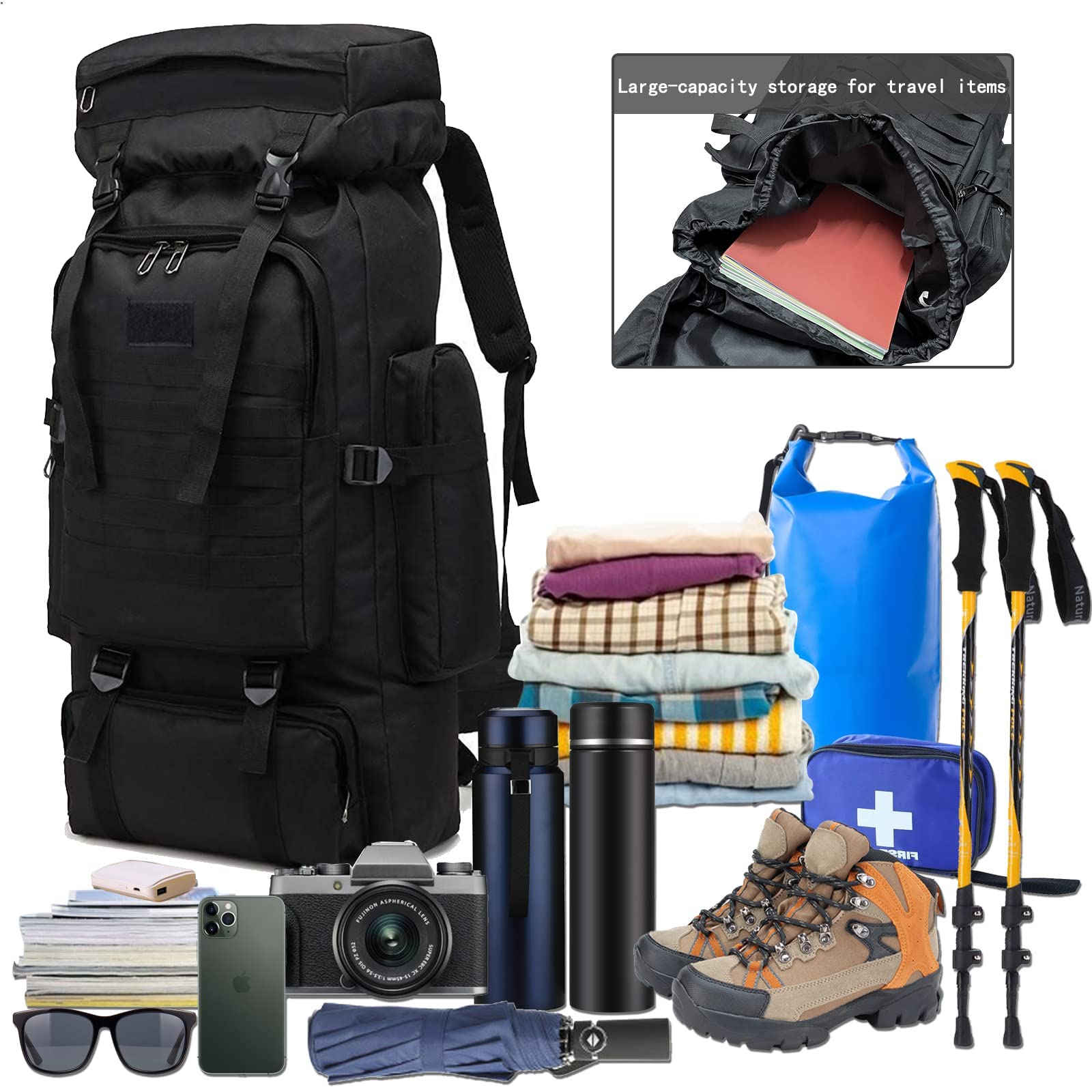 Sac à dos de randonnée homme 60L-80L sac à dos militaire tactique étanche sac à dos de survie MOLLE grand sac a dos randonnee voyage pour l'escalade, le camping, le chasse