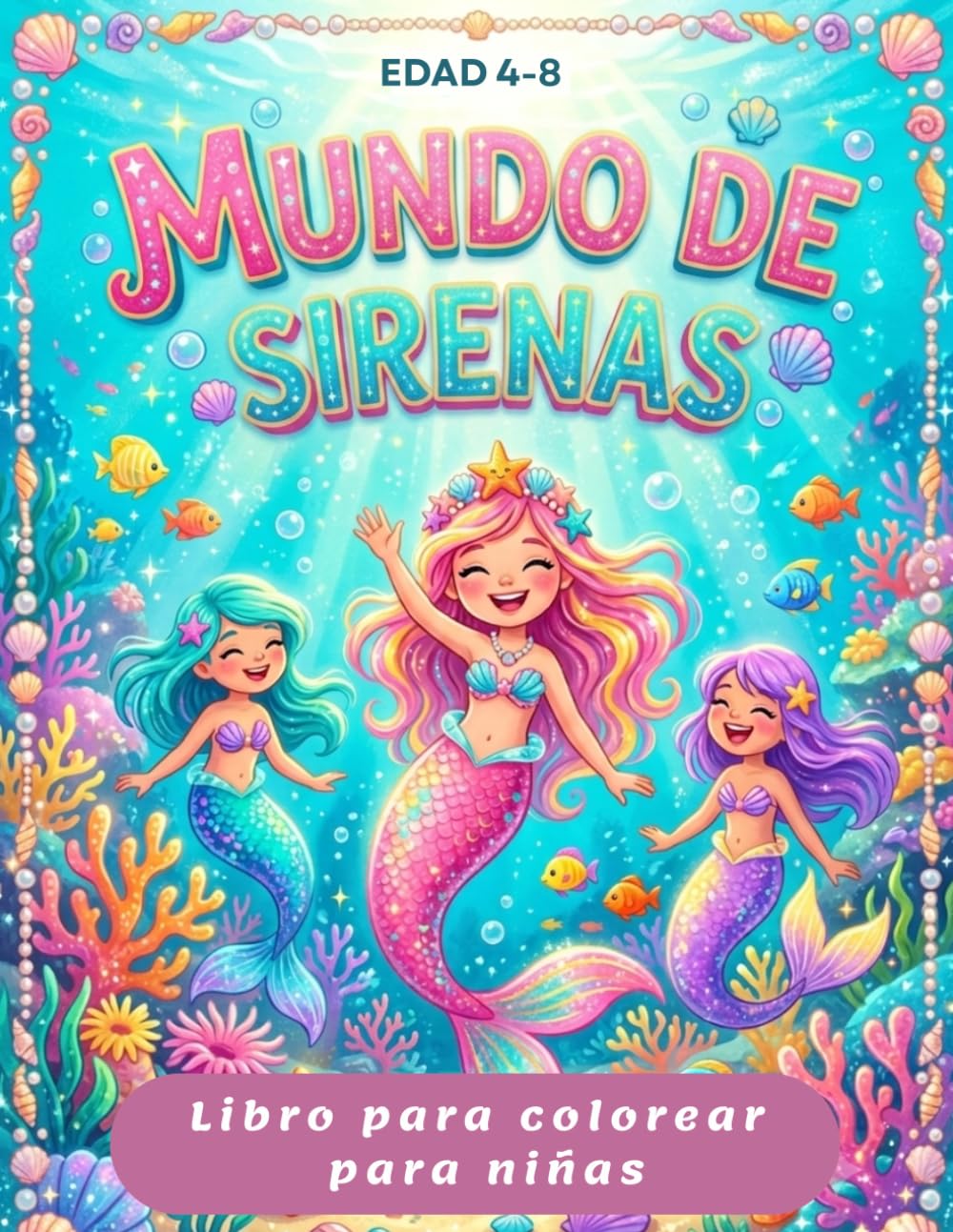 Libro para colorear del mundo de las sirenas para niñas: Un mundo mágico bajo el mar: 50 divertidos y adorables dibujos de sirenas, princesas del ... para niños 4-8 años. , libro de actividades