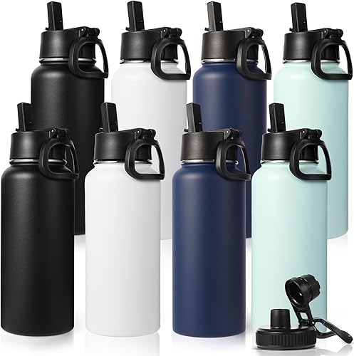 Neihepal Botellas de agua aisladas de 32 onzas a granel con 2 tapas (tapa con pajilla y boquilla), botella de agua de doble pared de acero