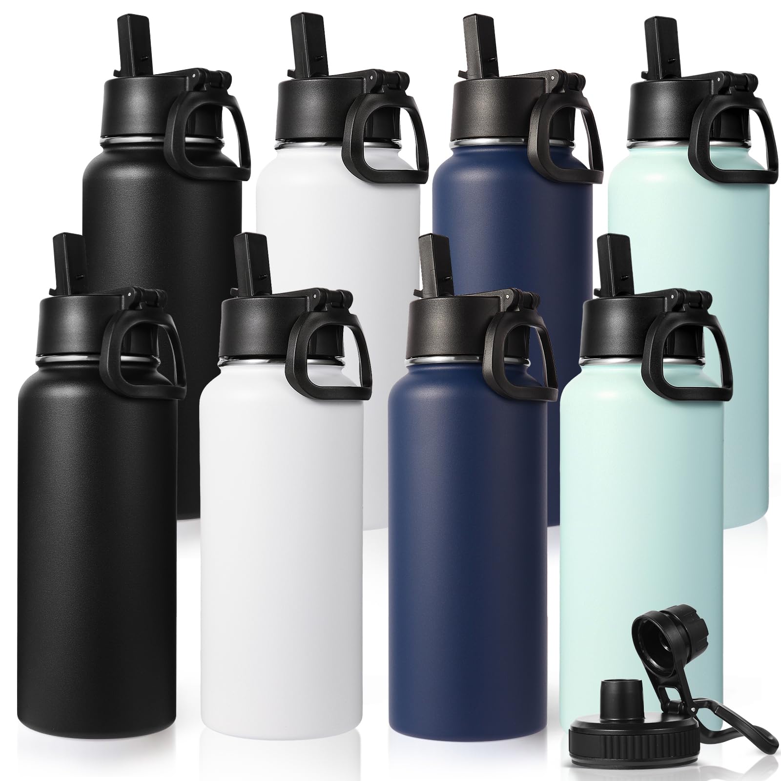Neihepal 32 oz Insulated Water Bottle Bulk 8 Pack,18/8 Stainless Steel Double Wall Vacuum Flask with Straw Lid & Spout Lid Keeps Hot or Cold,Ideal for Gym,School,Outdoor,Camping,Sports(Mix,8 Set)