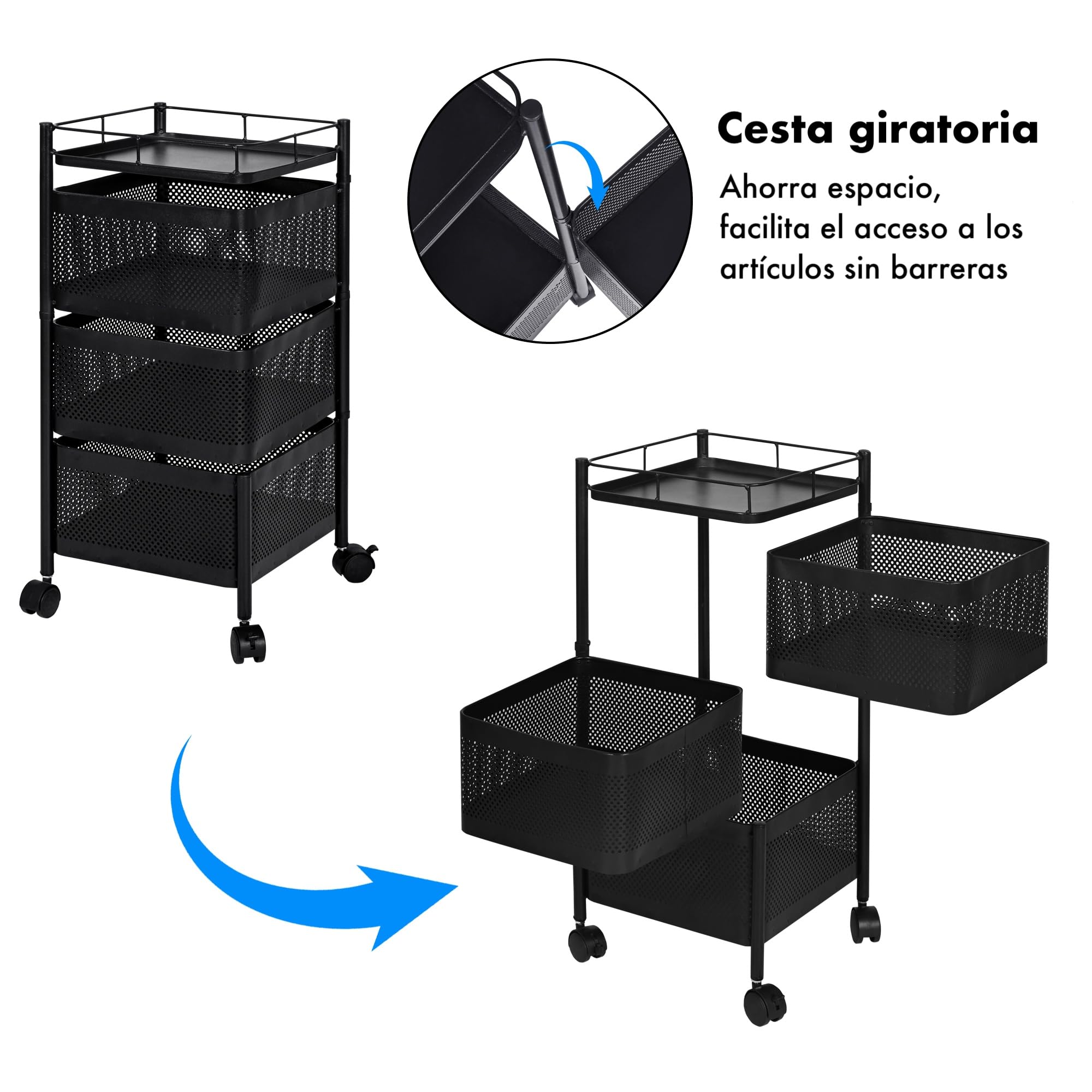 Carro auxiliar metálico con ruedas y cestas plegables ahorra espacio | Carrito cocina verdulero frutero | Estantería organizador de metal gran capacidad y bandeja superior | Estante cocina
