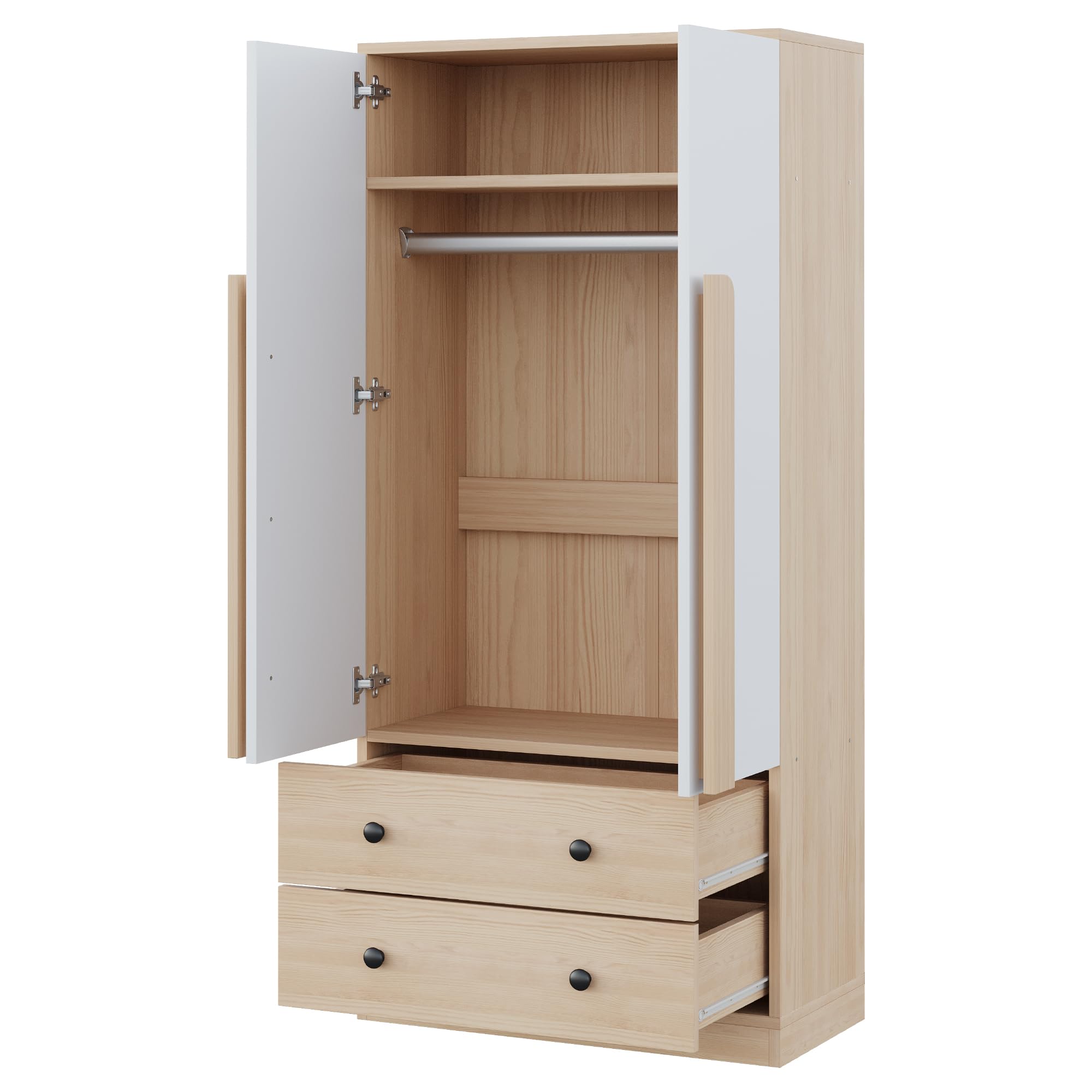 Armario 70 x 40 x 170 cm, diseño de puertas dobles, con cajones y estantes (color madera + blanco)