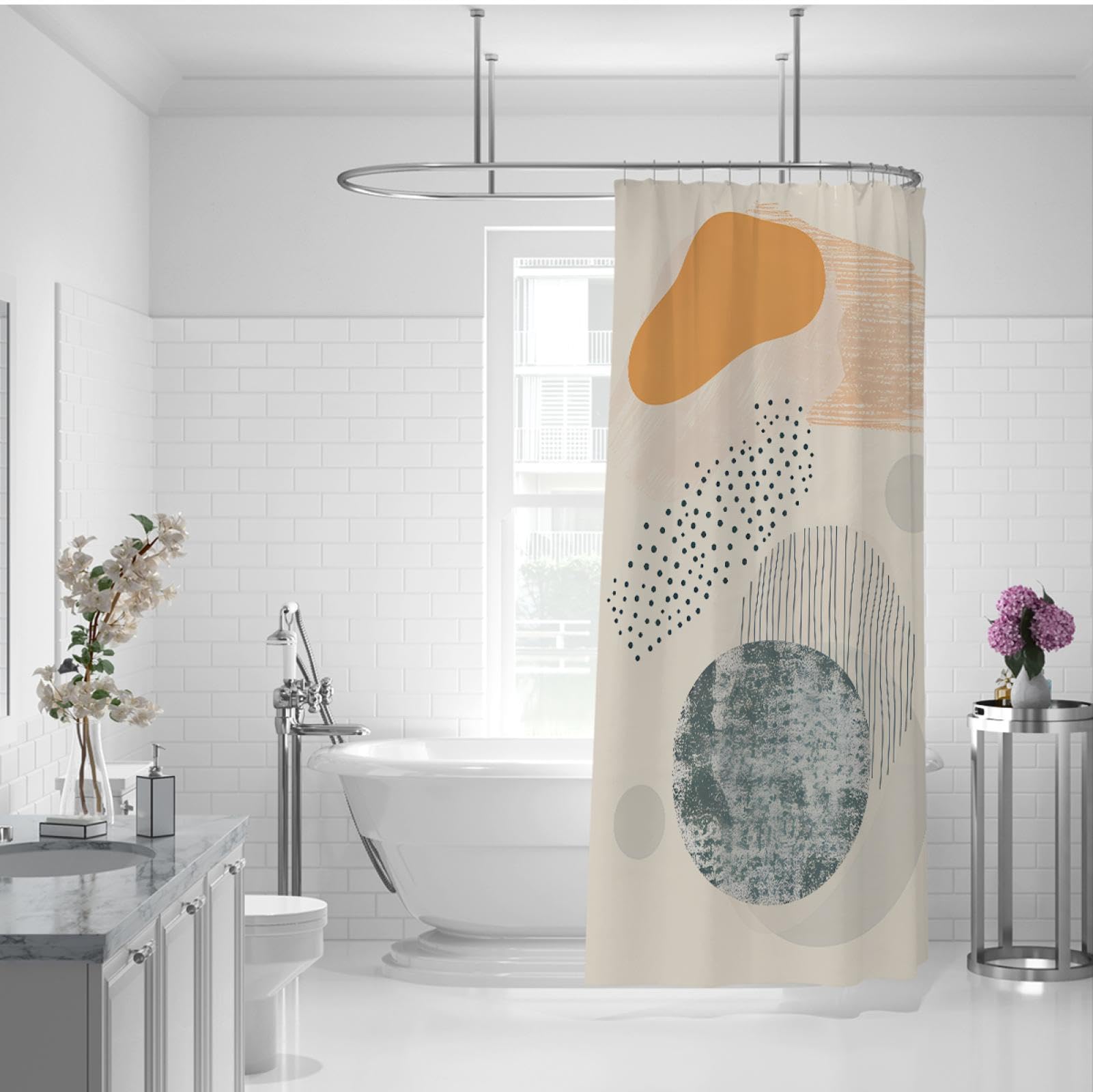 Rideau de Douche scandinave Minimalisme Abstrait Résistant à l’Eau Longs Rideaux de Salle de Bain avec œillets et Crochets en métal Lavable en Machine 200 x 240 cm