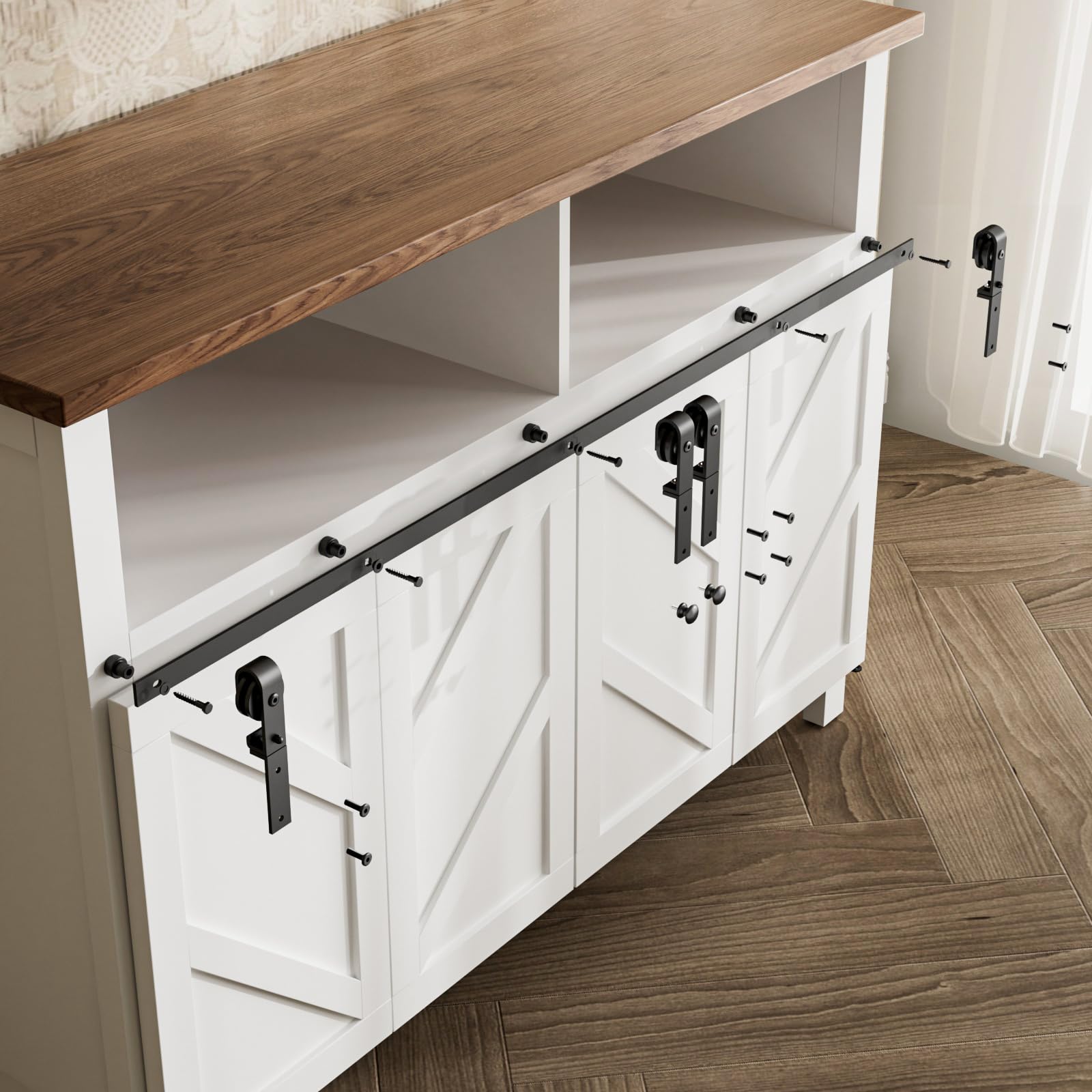 Mini herraje para puerta corredera de 6FT/183cm, para mueble para televisión con doble puerta, armario, juego de herrajes para puerta plegable (no incluye puertas de armario)