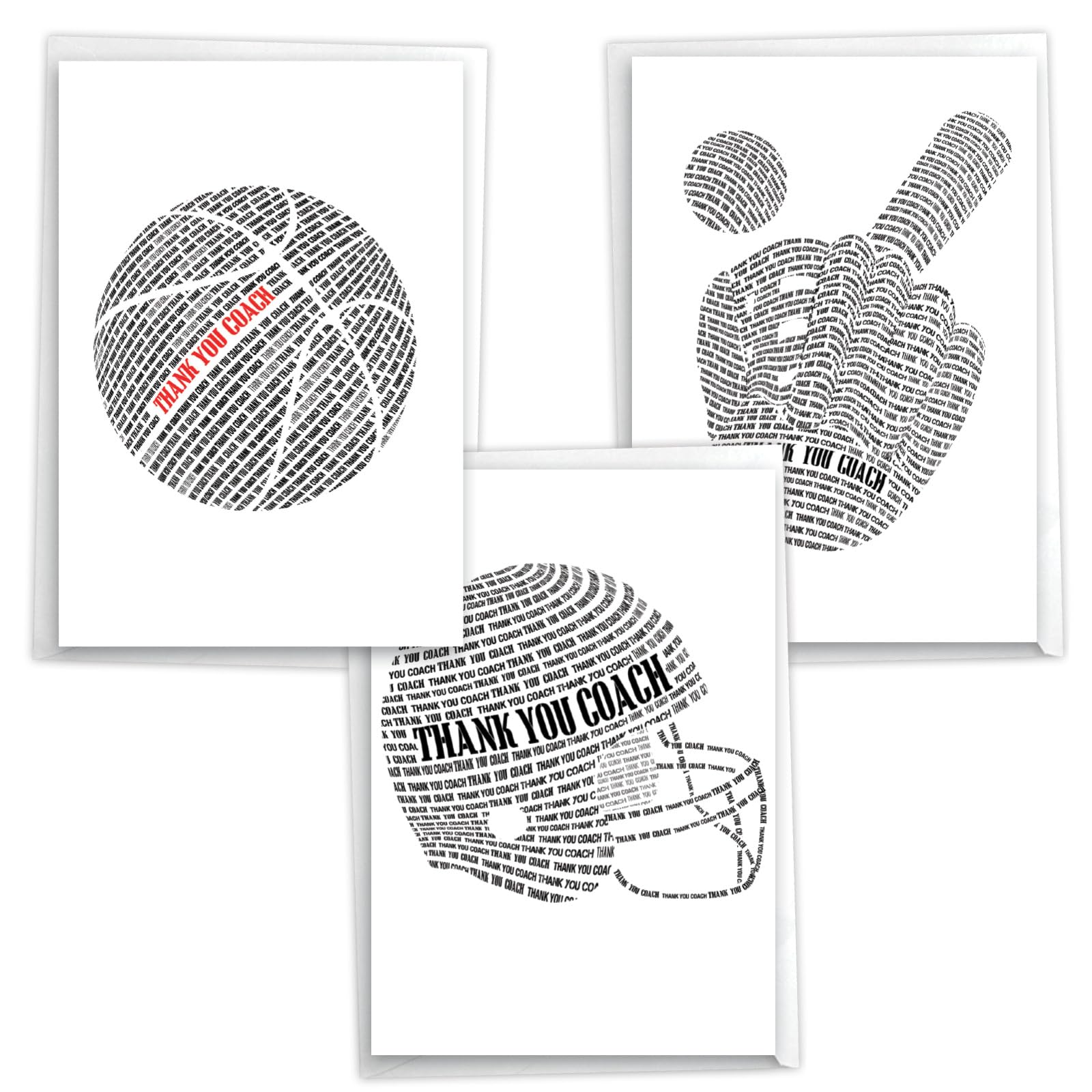 NobleWorks - Assortment Variety Bulk Pack of 3 Team Coach Thank You Greeting Cards with Envelopes for Men and Women (3 Designs, 1 Each) Sports