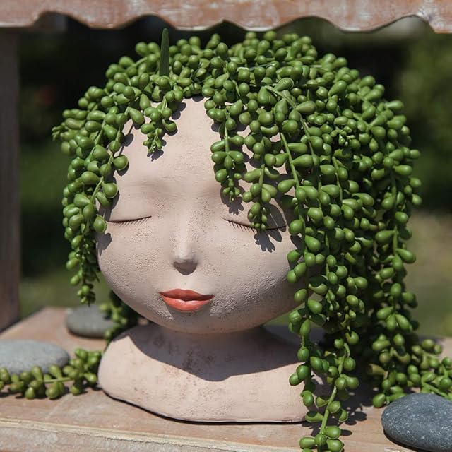 Halaood Female Head Planter Pot Flower Pot for Plant with Drainage Hole, Cute Cactus Planter Indoor and Outdoor Decor, Vintage Unique Face Pot, White Retro Resin Pot for Succulents