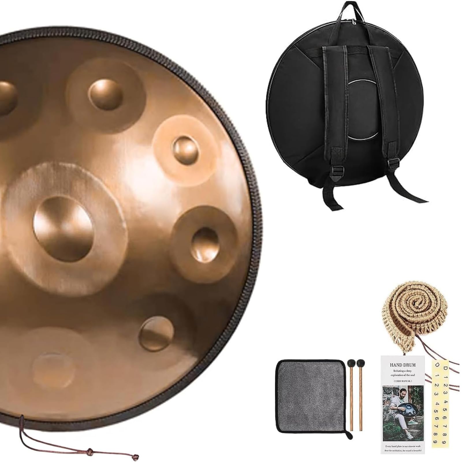 Bęben Handpan, d-moll, 440 Hz, stalowy bęben językowy z 9 tonami, 18-calowy bęben stalowy, harmonijny instrument perkusyjny do dźwięku, osobista medytacja, joga, z miękkim pokrowcem na Handpan, stal