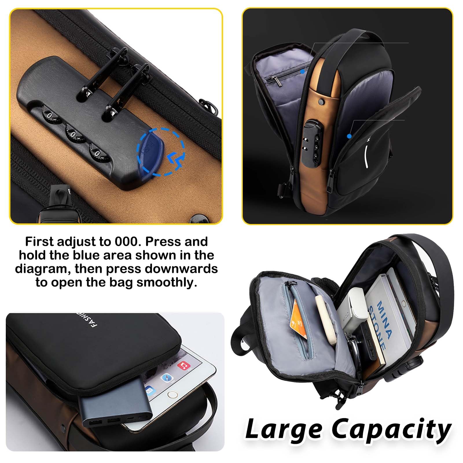 Sling Bag wodoszczelna męska torba na klatkę piersiową, czarna, torba na ramię, torba na telefon komórkowy, tablet, powerbank, klucze, okulary, karty kredytowe