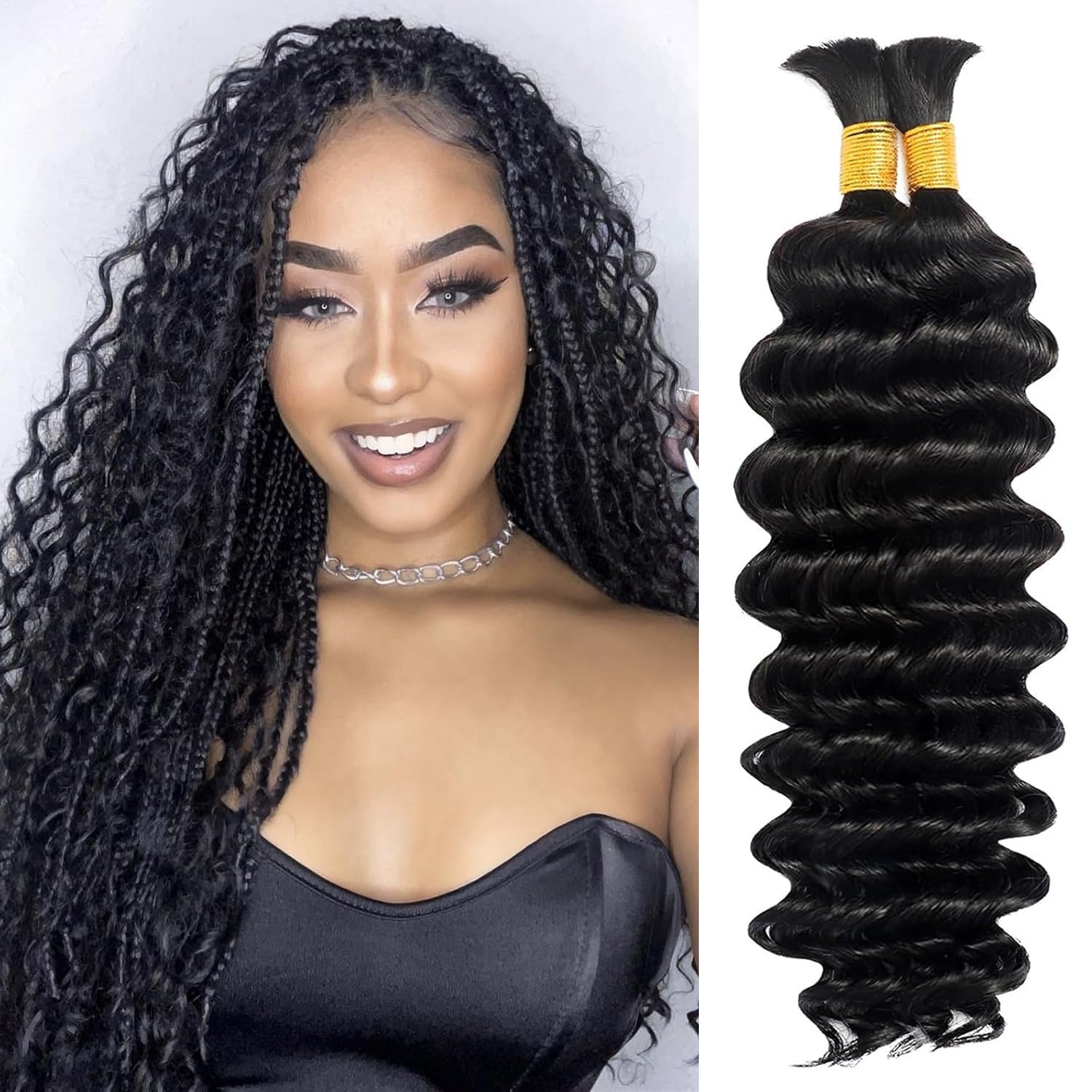 Human Braiding Hair for Boho Braids 110g 2 Bundles/Pack Deep Wave 12A Curly Brazilian Virgin Hair Extensions No Weft Knotless Bulk (1B-Black Deep-Wave, 20 Inch-110g)
