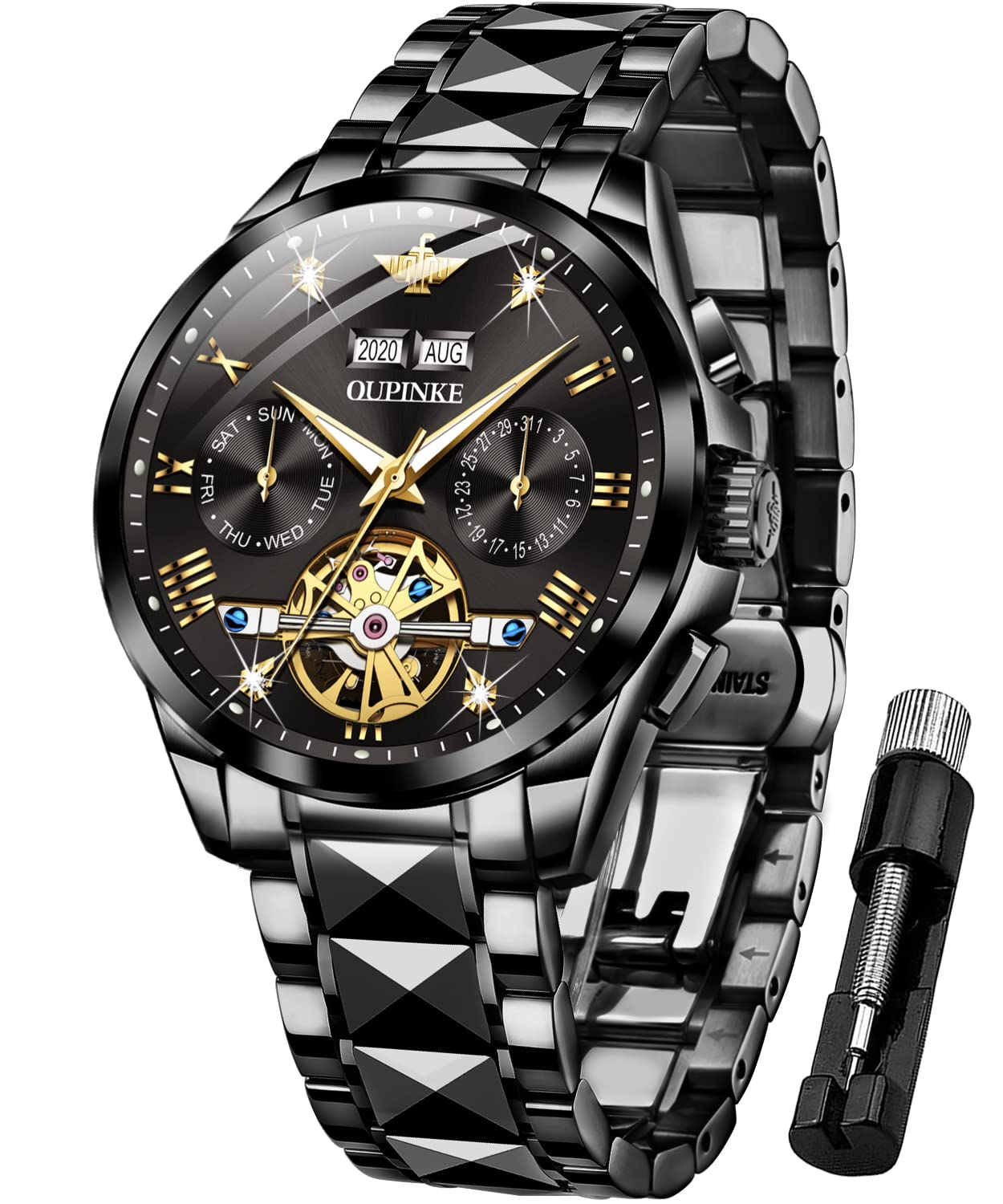 OUPINKE Herrenuhr Automatik Mechanische Armbanduhr mit Mondphase Wasserdicht Luminous Tag Datum Zweifarbige Edelstahlarmband