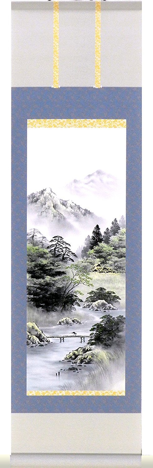 Karu!jiku(mini kakejiku Japanese Scroll wall art Coloured San-sui(Natural landscapes) Taoism and Zen. 15x53cm