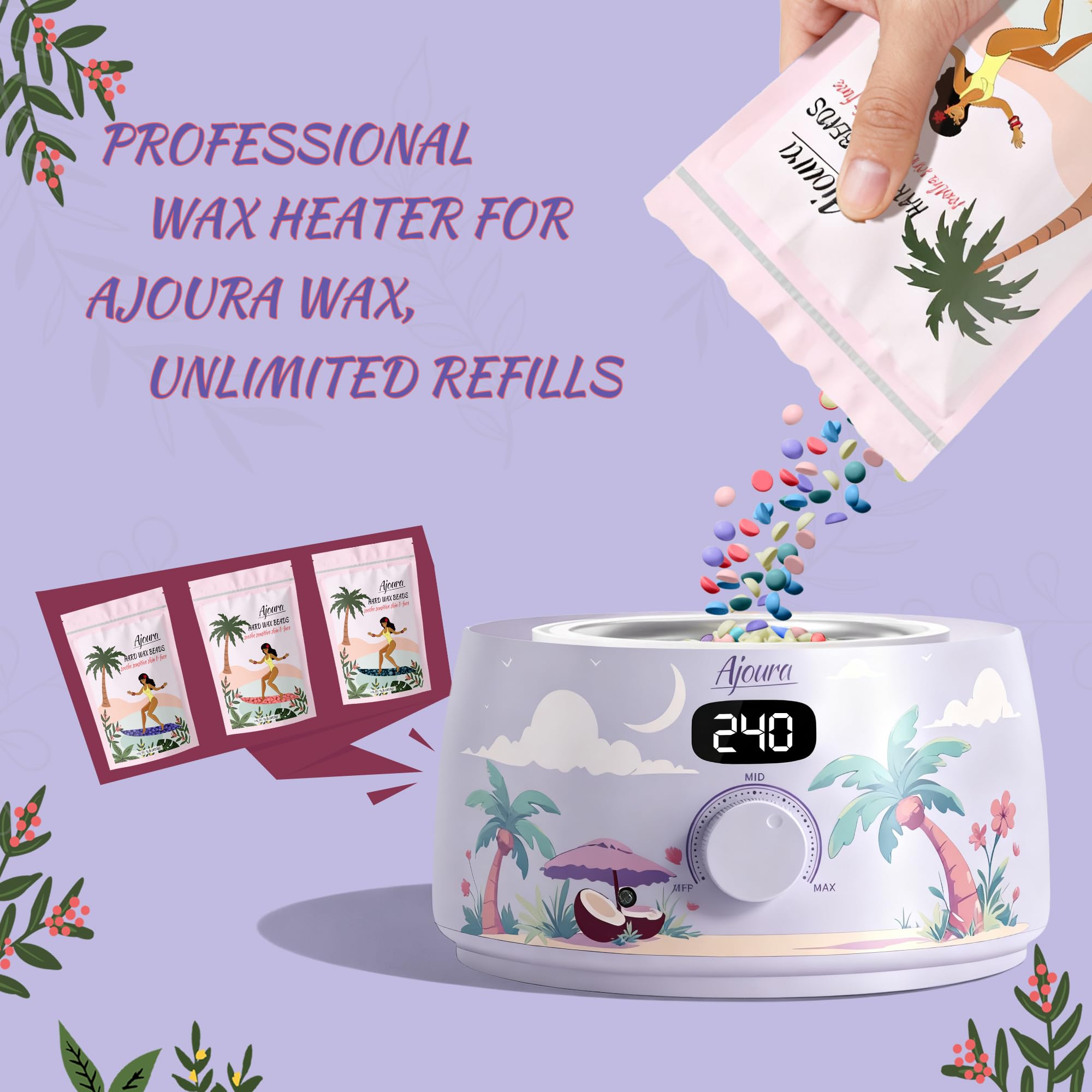 Ajoura Scaldacera professionale, 16 oz, colore viola chiaro | Capacity, kit di depilazione con controllo digitale della temperatura e calore rapido, include 30 bastoncini per viso, gambe