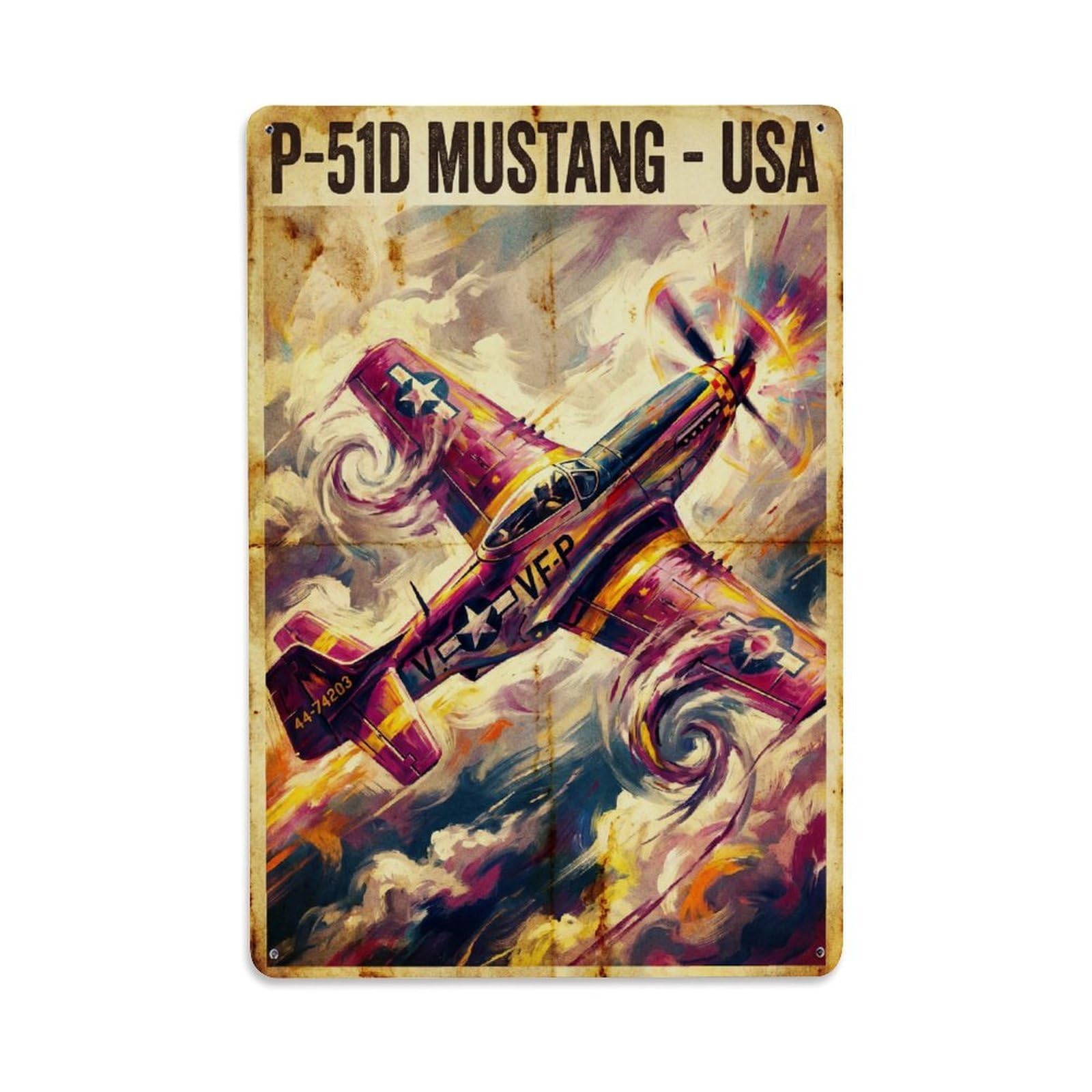 US WWII Military P-51D Mustang Action Aviation Metal Tin Sign Plaque Wall Decor for Cafe, Man Cave, Club Bar, Office, Home Garden Round Metal Poster 8x12Inch