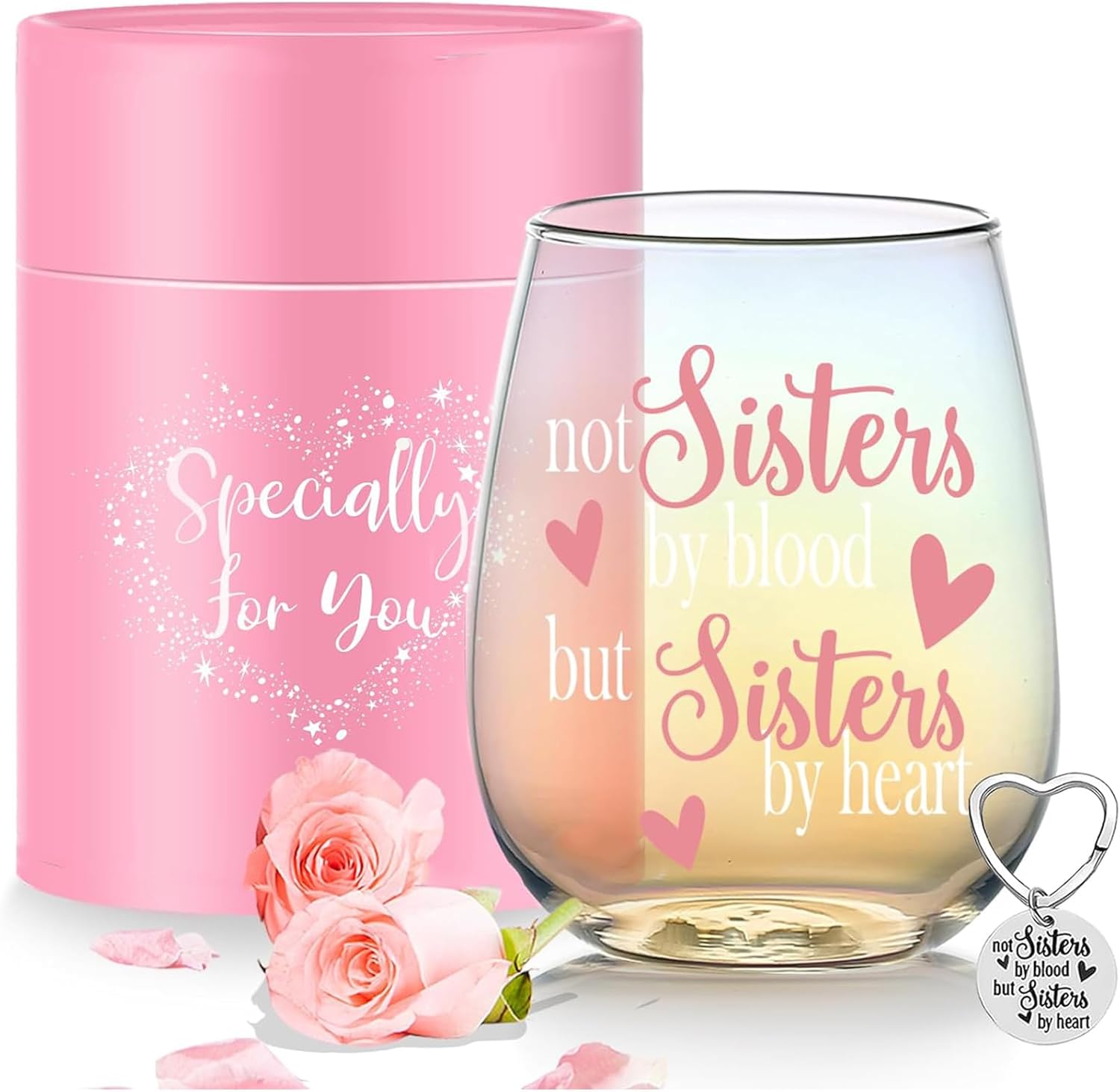 Stemless Wine Glass 'Not Sisters by Blood but Sisters by Heart' Funny Sayings Gifts for Women Best Friend Female Bestie Wine Lover Friendship Gin Gift Birthday Decor Idea (Iridescent Sister)