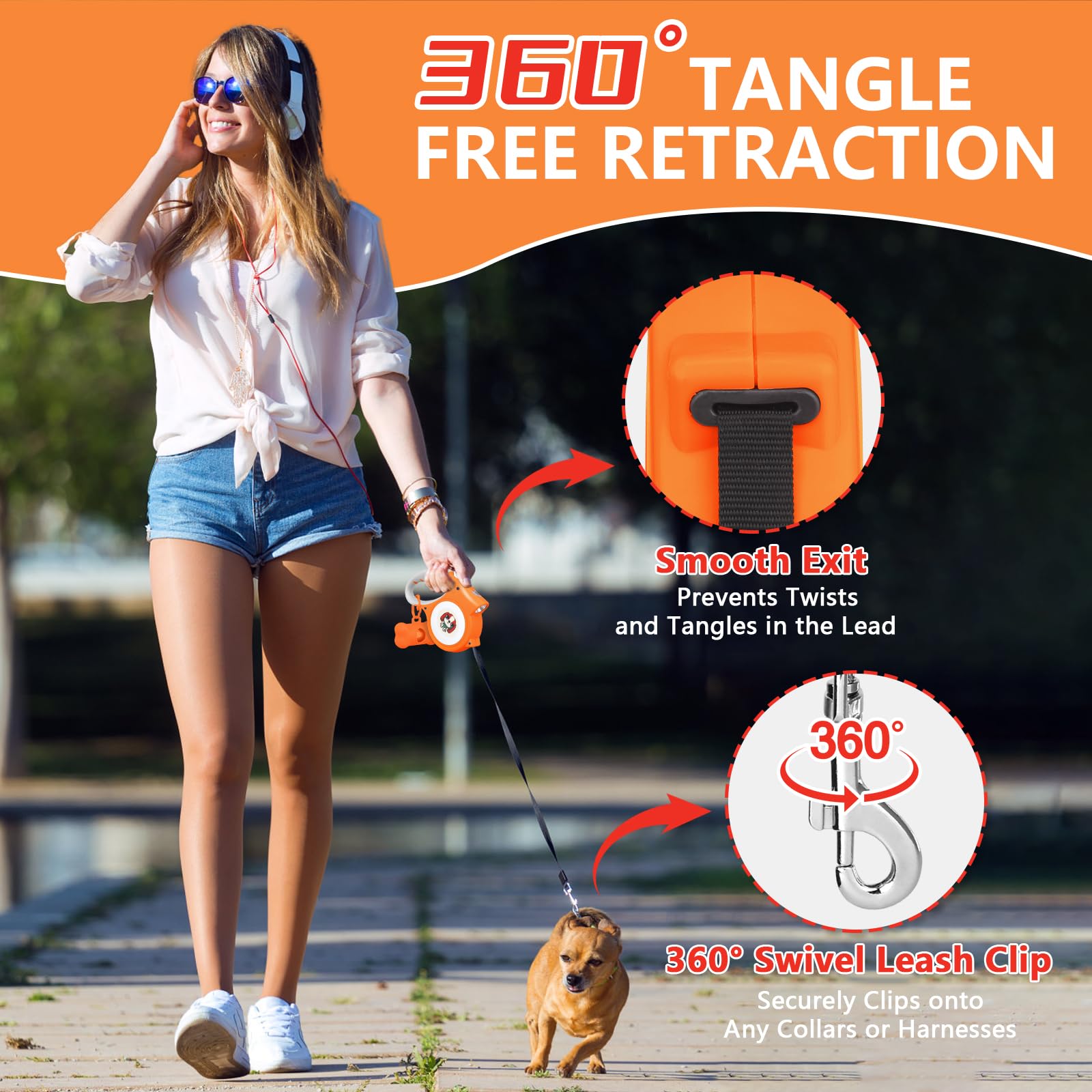 Guinzaglio retrattile per cani di piccola taglia fino a 25 kg, guinzaglio resistente da 5 m, con luce a LED e 15 sacchetti per escrementi per cani con dispenser, arancione