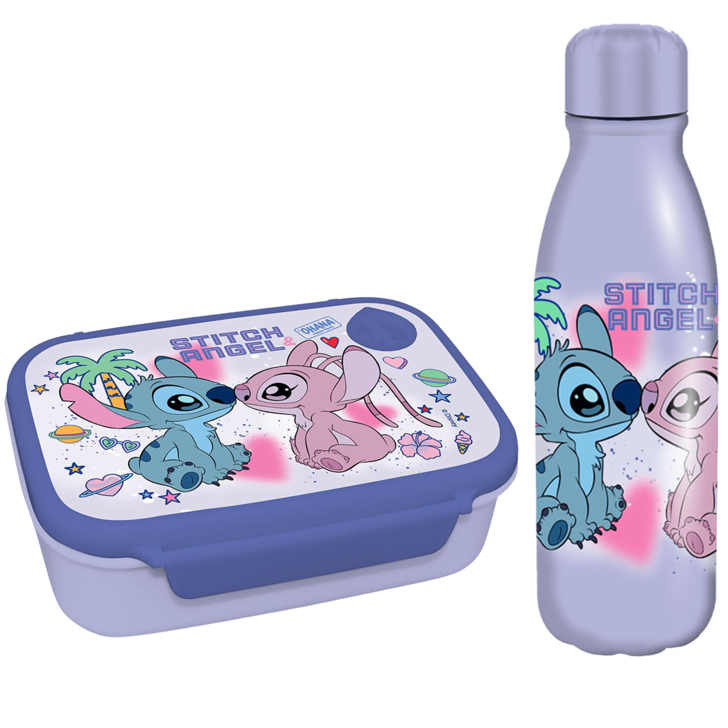 Diakakis Disney Stitch & Angel Kids Lunch Box & Aluminium Water Bottle Set – BPA Free School Lunch Set for Boys & Girls, 800ml Sandwich Box & 500ml Drinks Bottle for School, Travel & Days Out
