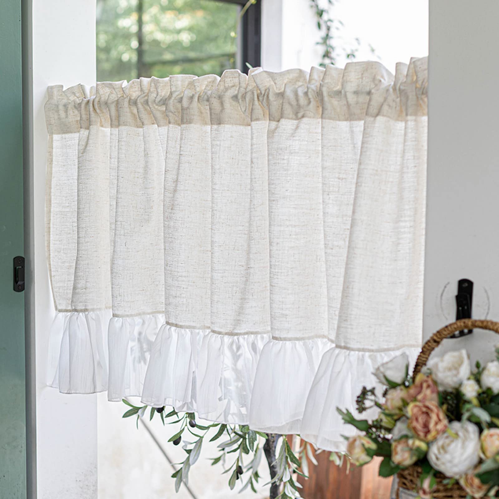 Petit rideau de fenêtre beige en coton et lin avec bordure en dentelle, voile blanc, demi-rideau de cuisine, bistrot, voilage moderne pour porte en verre
