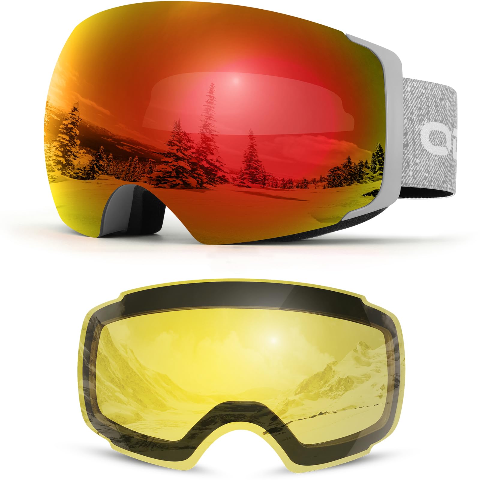 Odoland Occhiali da sci unisex per uomo e donna ragazzi occhiali da snowboard senza montatura con vetro magnetico intercambiabile protezione UV anti-nebbia occhiali da neve compatibili con casco per