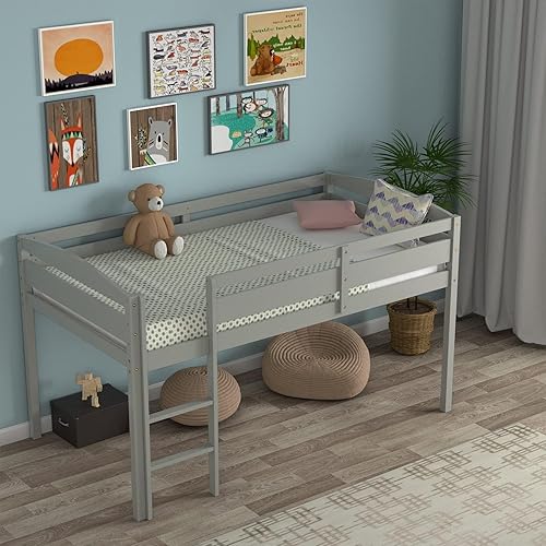 Miniatura 10 de DORTALA Cama alta individual, cama alta para niños que ahorran espacio con escalera y barandillas de seguridad para niños, cama baja para
