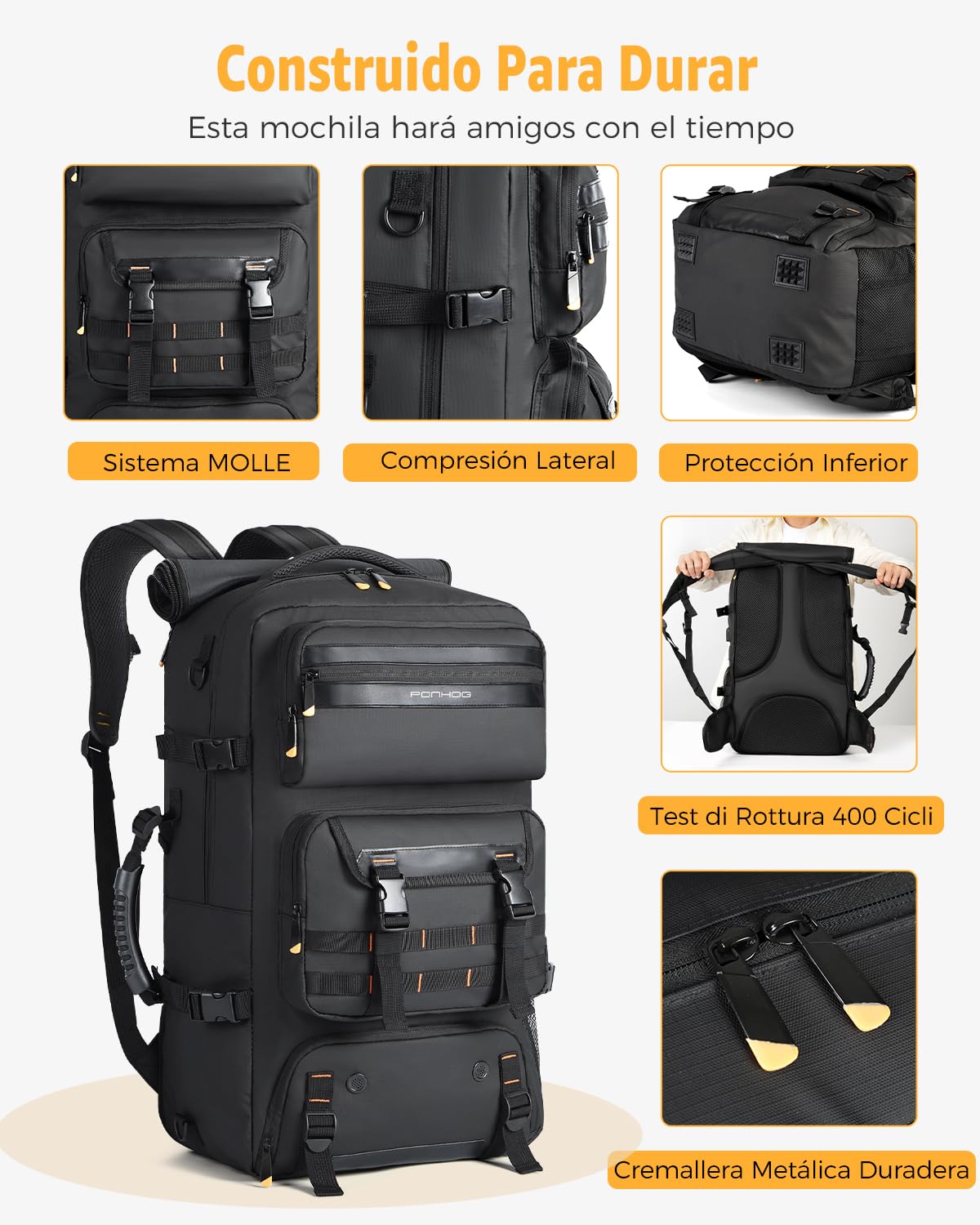 Ponhog Mochila de viaje para hombre, bolsa de lona convertible de 50 L con compartimento para zapatos, mochila de mano para laptop con puerto de carga USB, mochila de senderismo, gimnasio, mochila