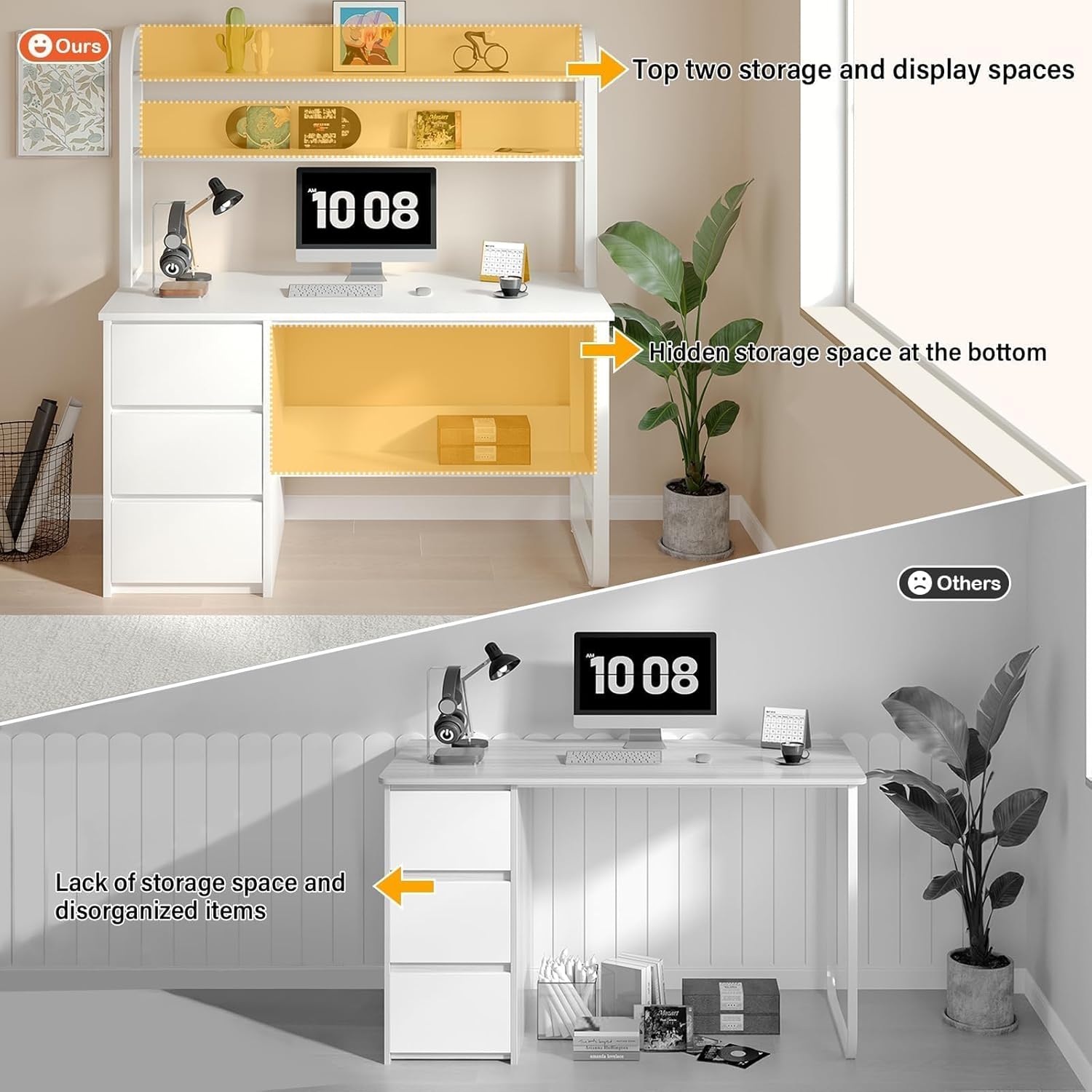 White Desk with Hutch, 60 Inch Computer Desk with 3 Drawers for Bedroom, Study Writing Desk with Shelves for Small Places, Adjustable Feet