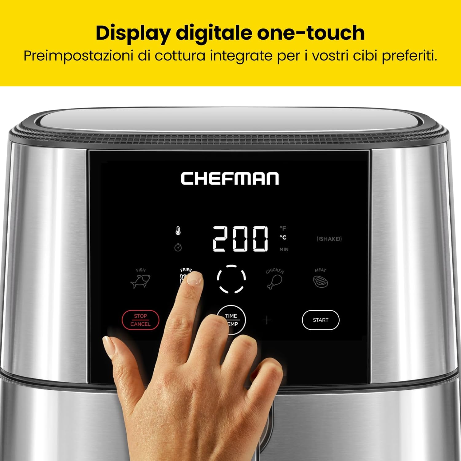 Hand interacting with Chefman TurboFry Touch digital display