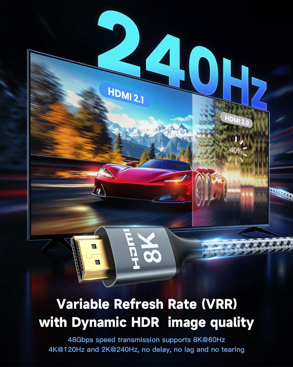 ARISKEEN Cavo HDMI 8K 10,2 m, cavo HDMI 2.1 ad alta velocità 48 Gbps, 8K 60Hz, 4K 120Hz 144Hz, supporto per HDR 10, HDCP 2.2 2.3, eARC, DTS:X, cavo HDMI intrecciato compatibile con