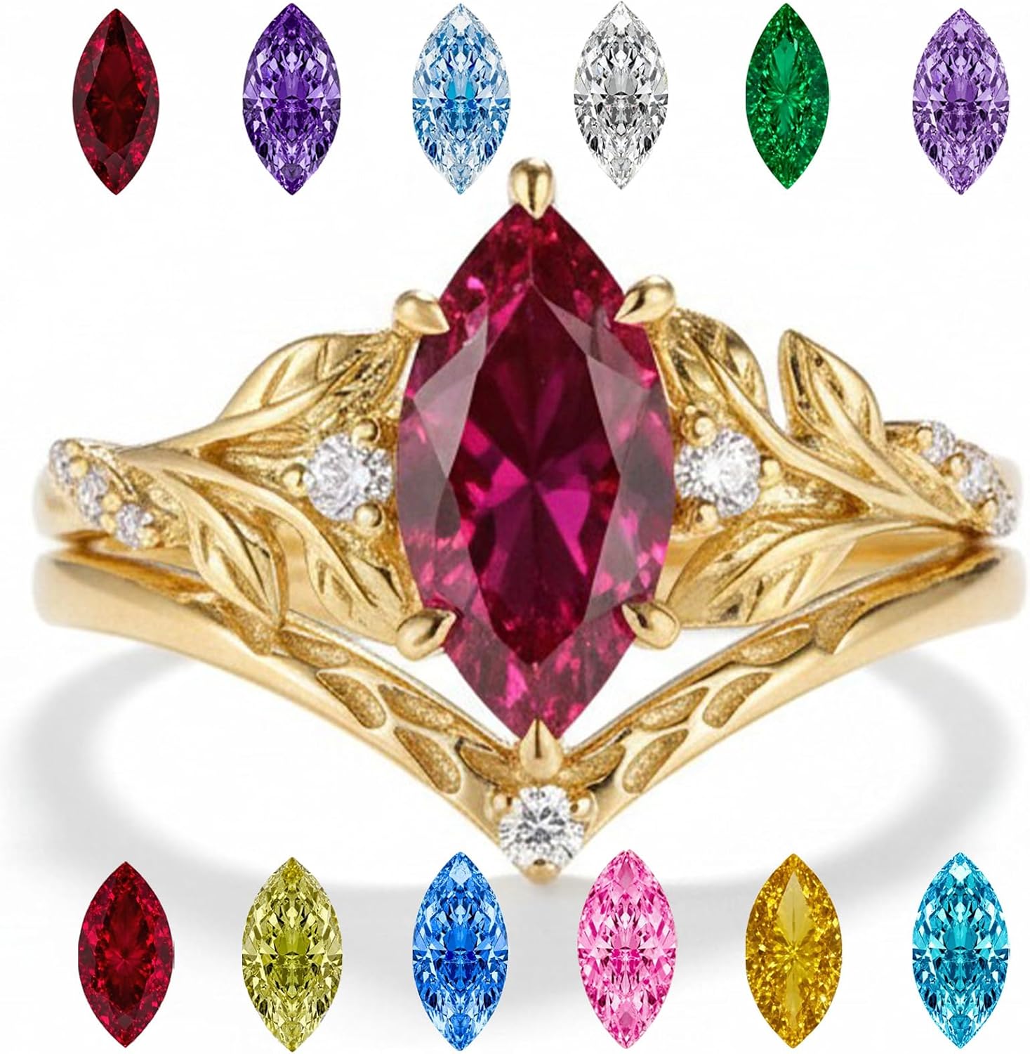 Gold Marquise Birthstone Ring Set for Women Natural Inspired Leaf Gemstone Ring Diamond Wedding Ring Heart Birthstone Ring Jewelry Gift for Her