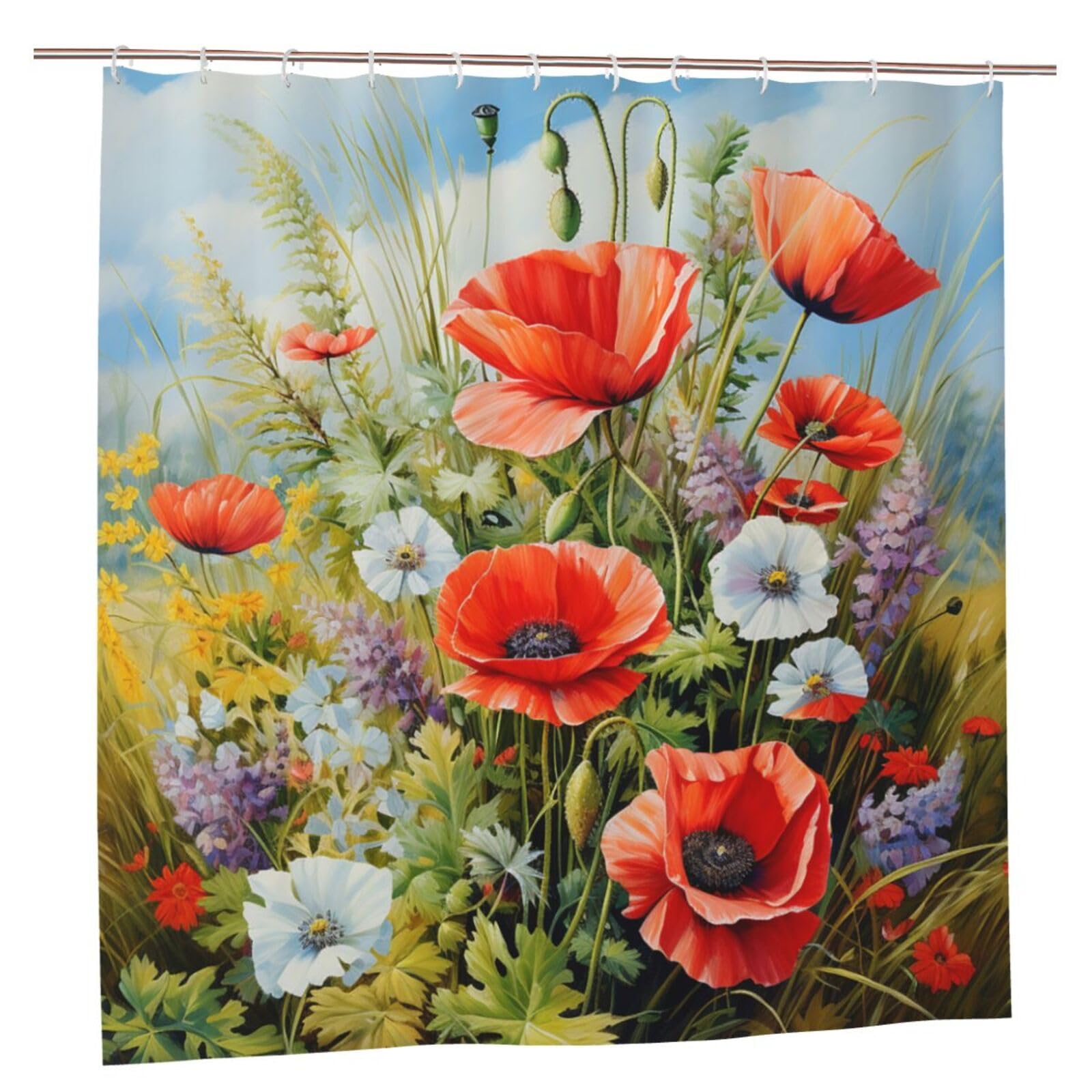 Rideau de douche coquelicot 183x183 en tissu imperméable pour salle de bain