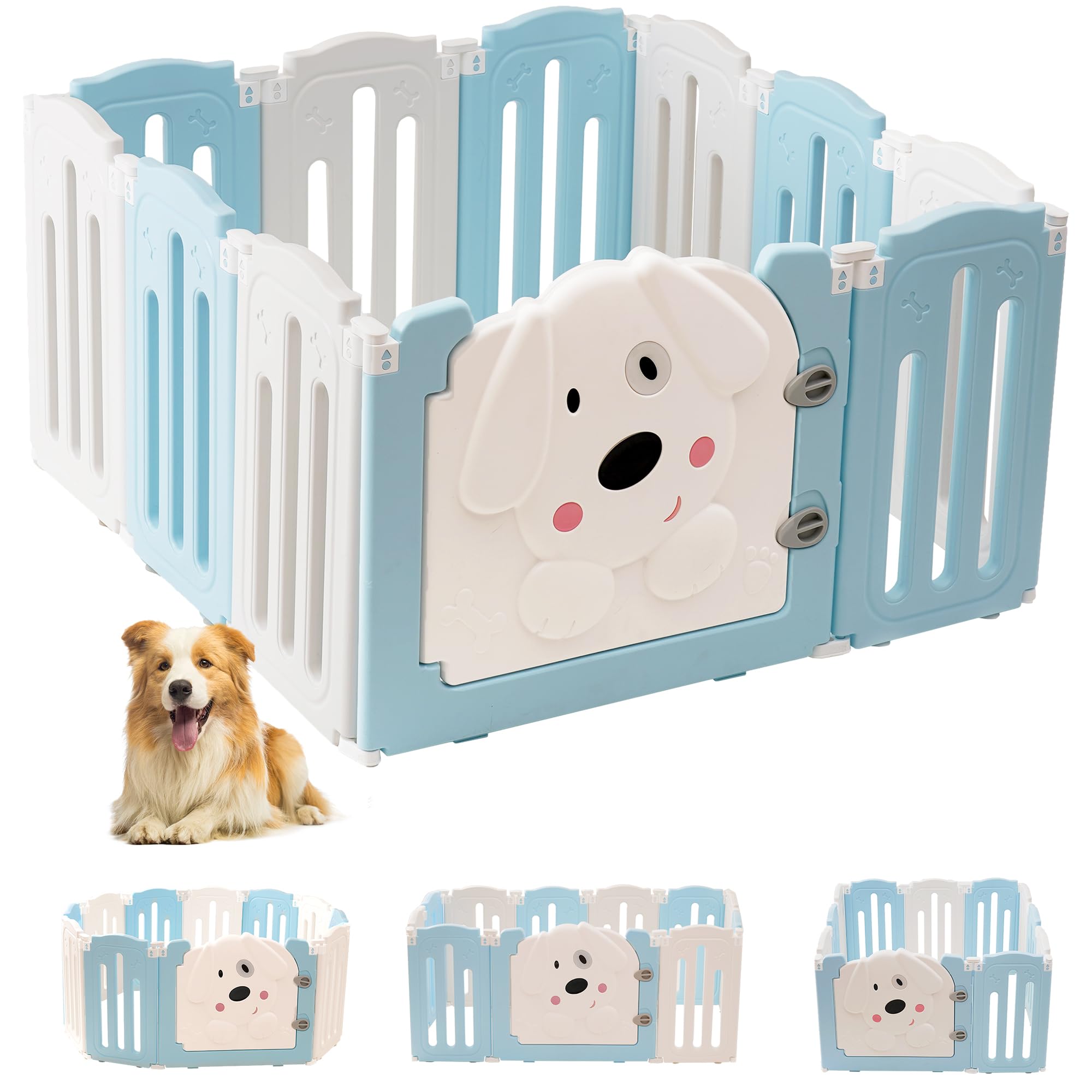 Aoole Foldable Dog Play Pen Indoors, Non-Slip Sturdy Puppy Playpen with Door, 25.5