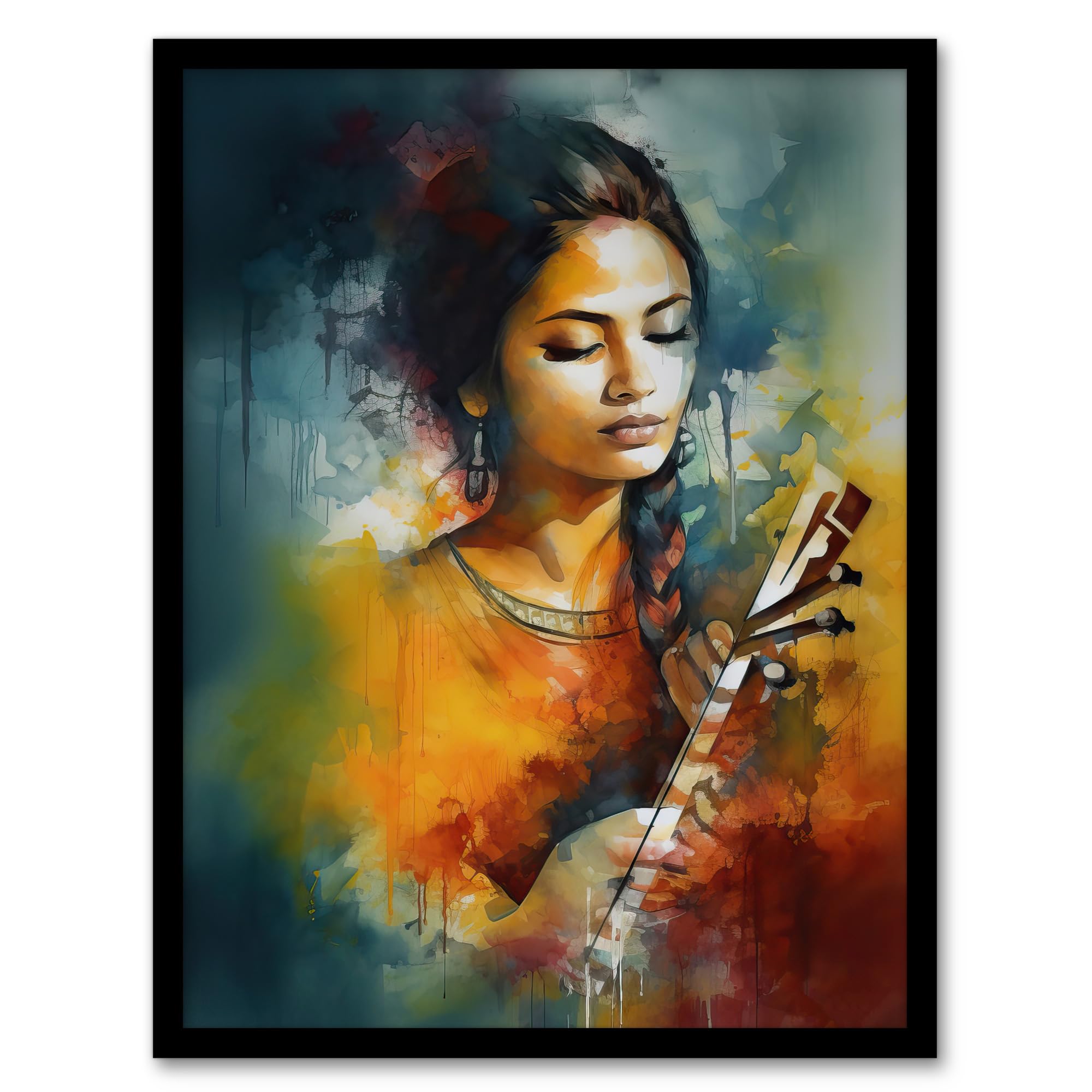Artery8 Woman Playing Classical Indian Folk Music Watercolour Painting Ragini Musician Portrait Artwork Framed Wall Art Print 18X24 Inch