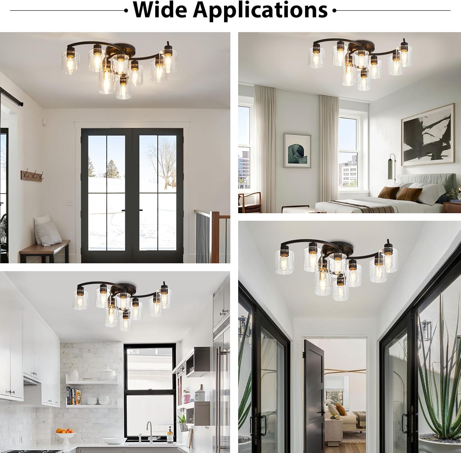 Semi Flush Mount Ceiling Light Fixtures, Black Kitchen Light Fixtures Ceiling Mount, 9 Light Industrial Ceiling Lights with Clear Glass Shade for Bedroom Hallway Living Room