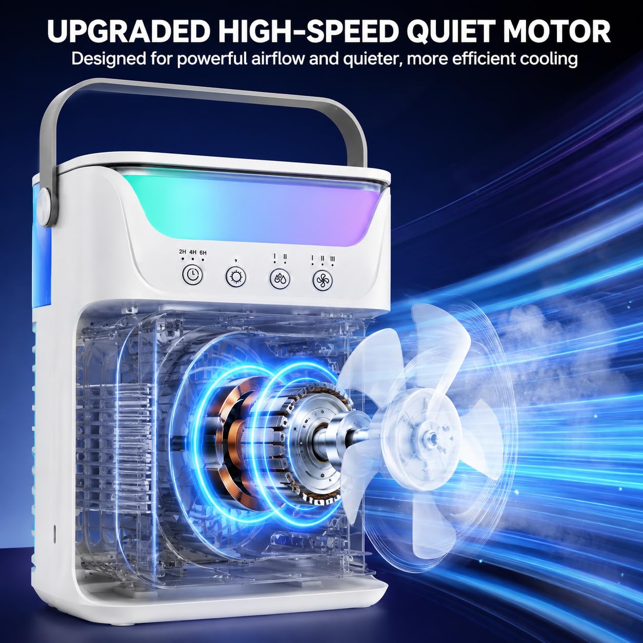Aire acondicionado portátil, ventilador de hielo portátil 4 en 1 actualizado 2026 con 3 velocidades y 2 niebla fría ultrasilencioso, 3 temporizadores y 7 luces, ventilador evaporativo para habitación