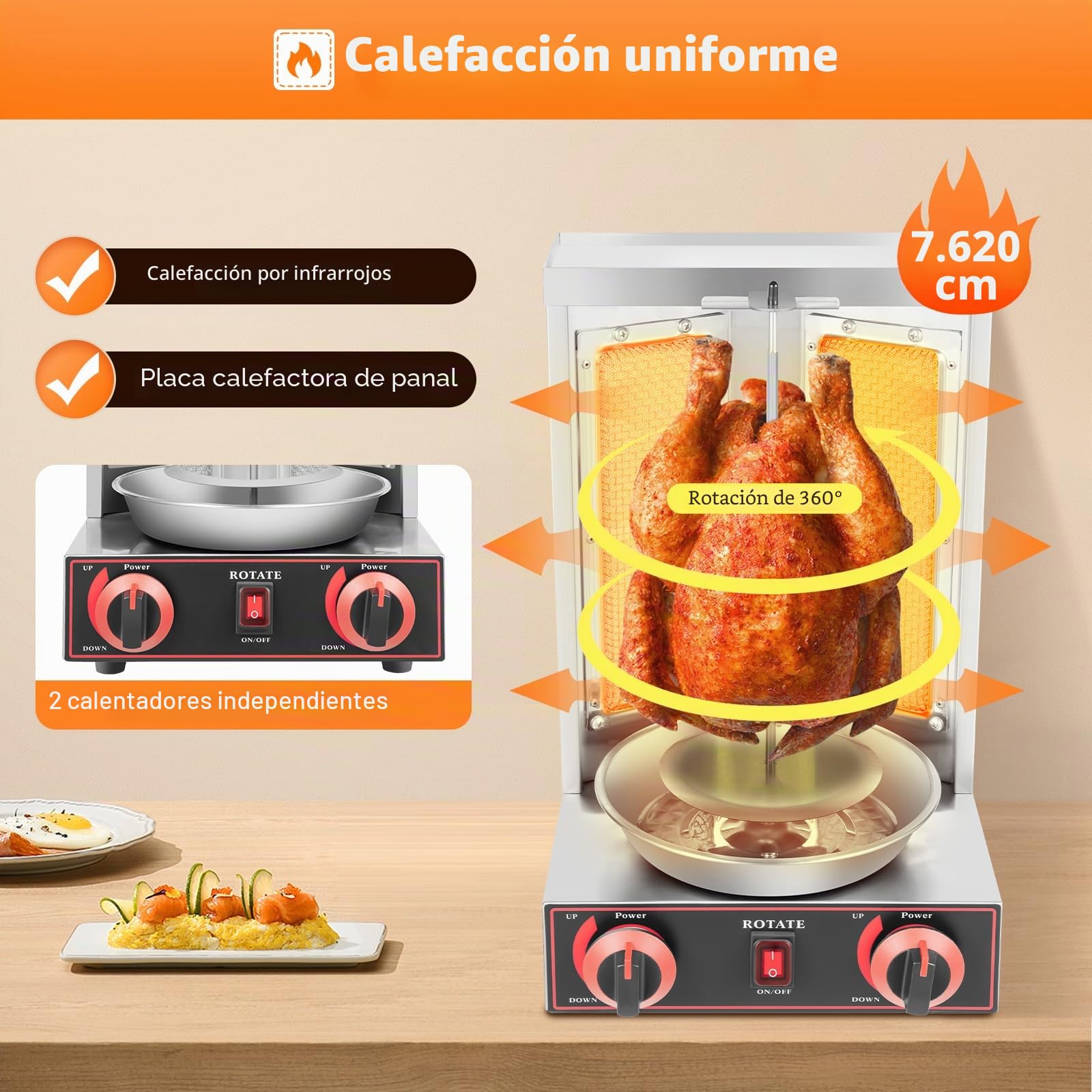Dönergrill Gas Kebab Machine 3000W, giratorio 360°, 2 quemadores de gas, parrilla de acero inoxidable Shawarma Broiler Machine con bandeja superior, pies antideslizantes, conexión de gas, cable de