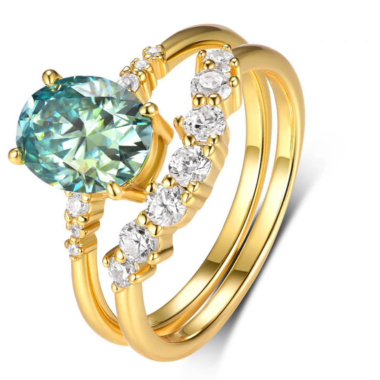 Set di anelli da donna in oro giallo 18 carati, anello a doppia fascia con moissanite verde