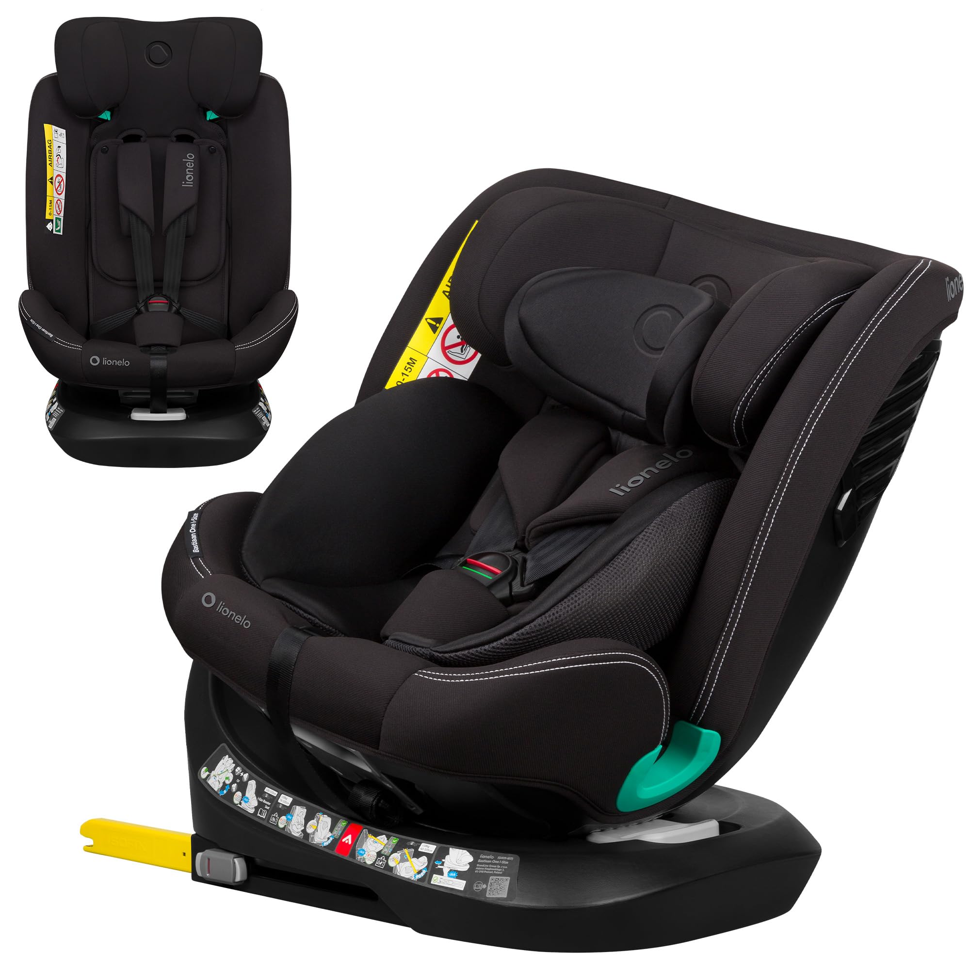 LIONELO Bastiaan i-​Size One Silla de Coche Giratoria 360o para Niños de 40 a 50 cm Montaje hacia Delante y hacia Atrás, ISOFIX Cinturón TopTether Ajuste del Respaldo y Reposacabezas Protección lateral