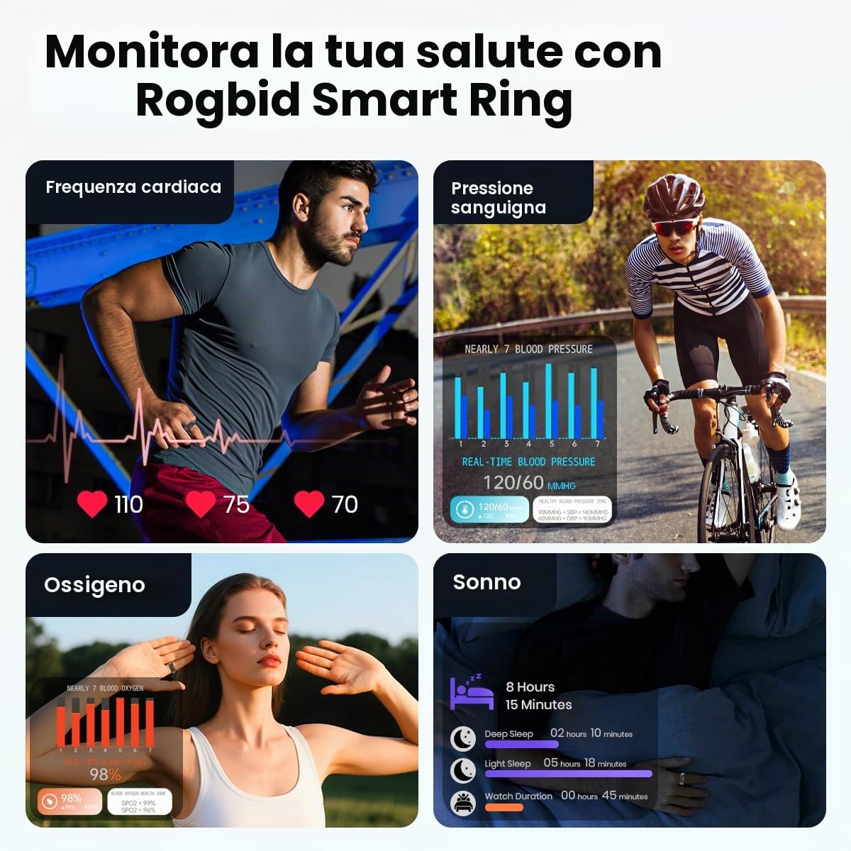 Rogbid Anello intelligente per uomo e donna, con frequenza cardiaca, ossigeno nel sangue, pressione sanguigna, monitoraggio del sonno, fitness Step Tracking, IP69, impermeabile, per iPhone e Android
