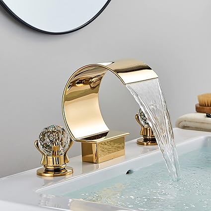 YAGATAP Gold Bathroom Sink Faucet 3 Hole 2 Handle Crystal Knobs High Arc Waterfall Spout Vanity Basin Mixer Tap 8-inch?Upwards Widespread Bathtub Filler Faucet